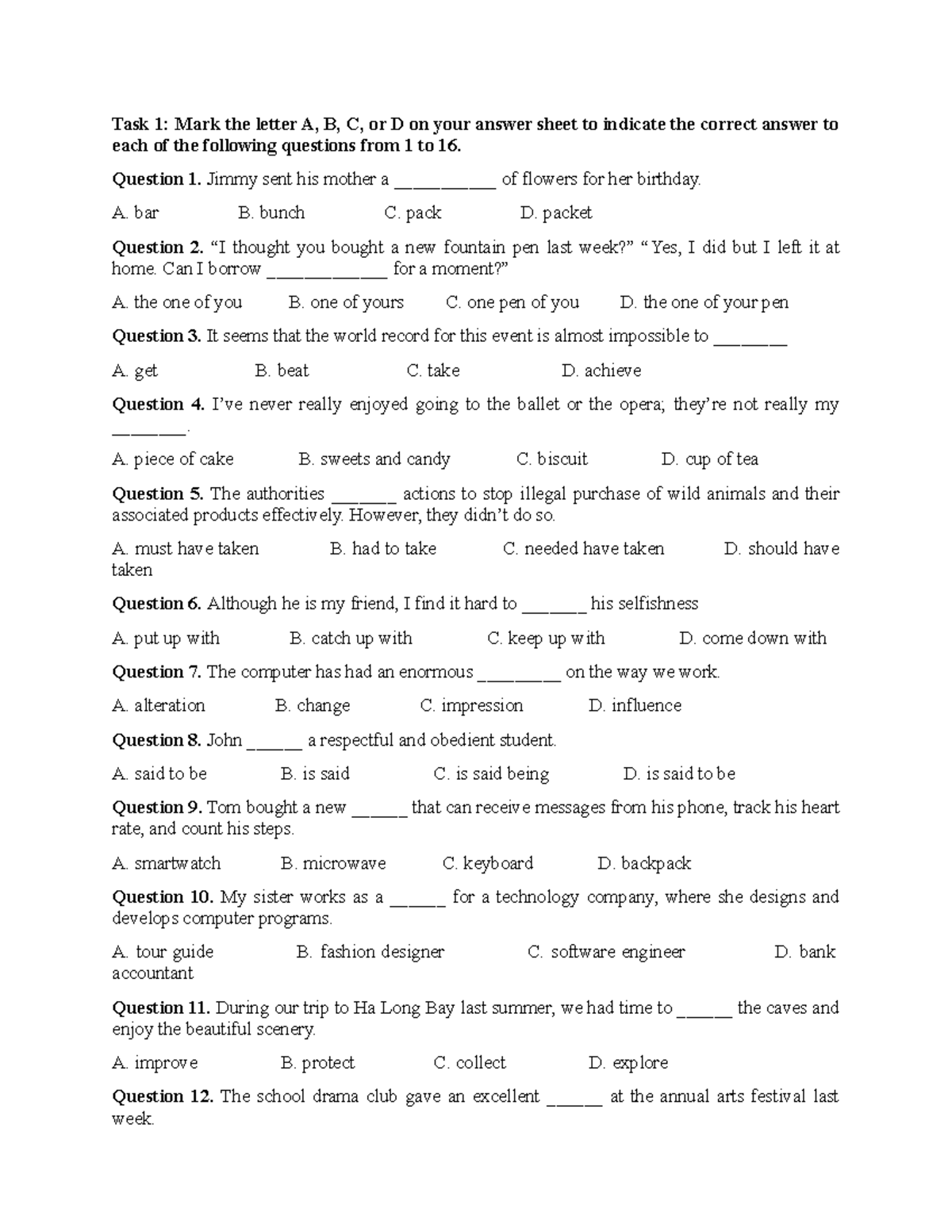 Task 1-6: Multiple Choice Questions and Answers for English Exam ...