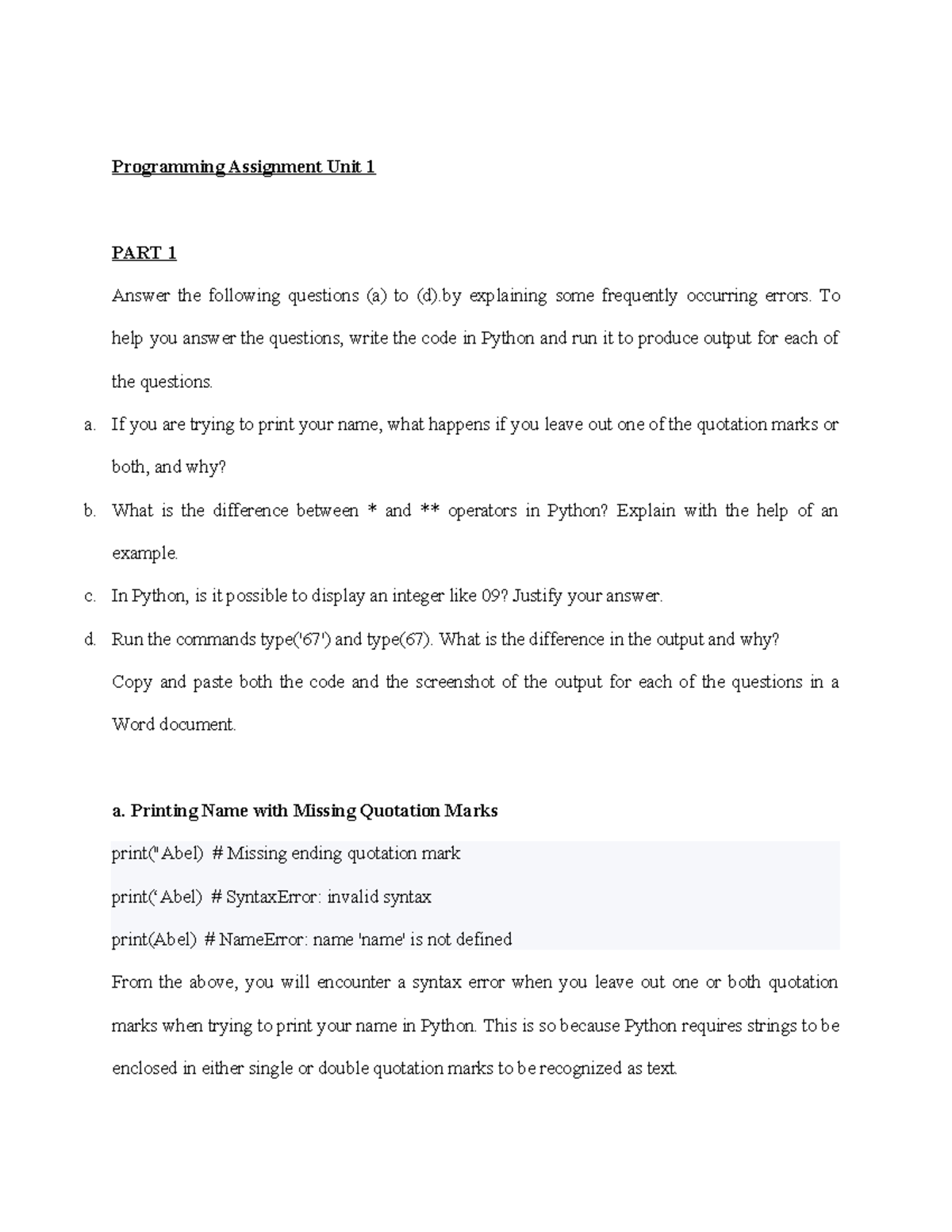Programming Assignment Unit 1: Common Errors & Operators in Python ...