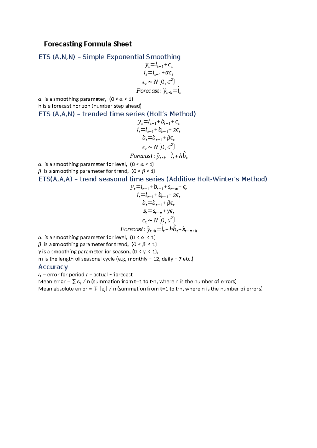Forecasting Formula Sheet: ETS Methods and Parameters - Studocu