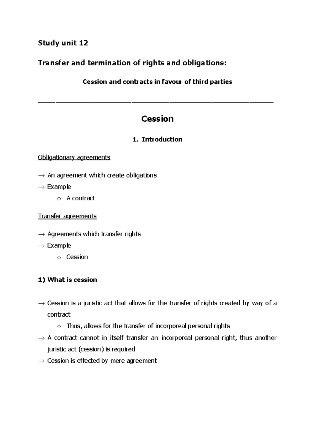 Study unit 12 - Summary - The Law Of Contract - Study unit 12 Transfer ...