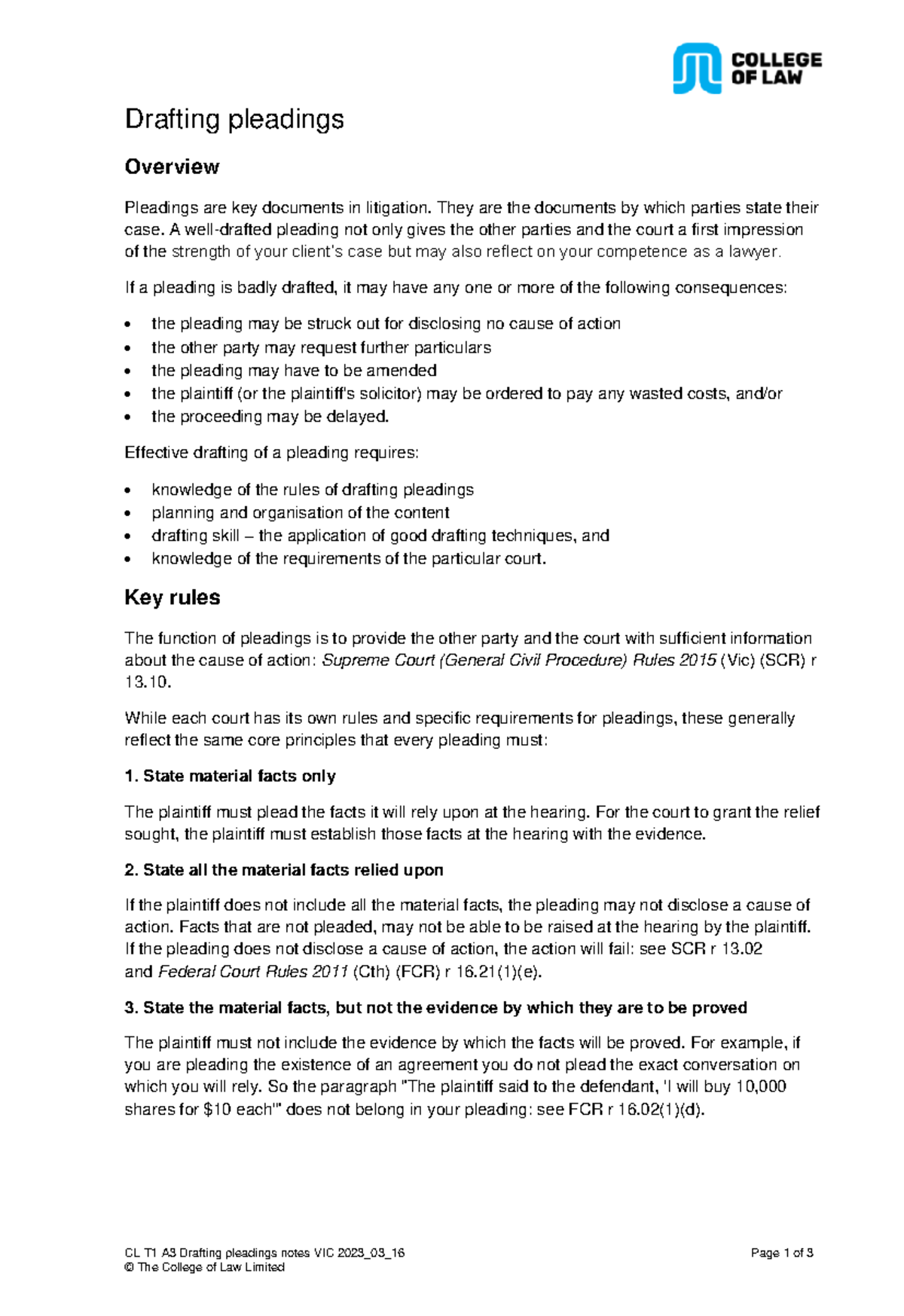 CL T1 A3 Drafting Pleadings Overview and Key Rules VIC 2023 - Studocu