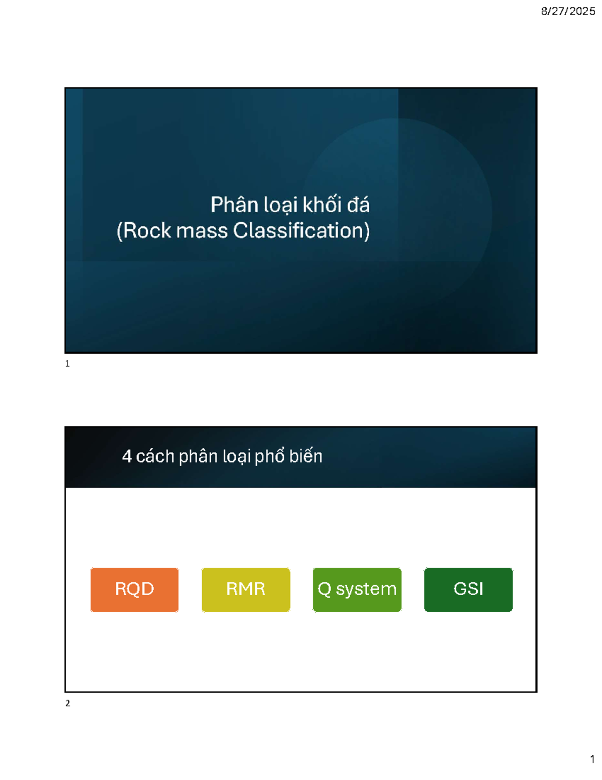 Phân loại khối đá: RQD, RMR, Q System, GSI - Tài liệu học 1 - Studocu