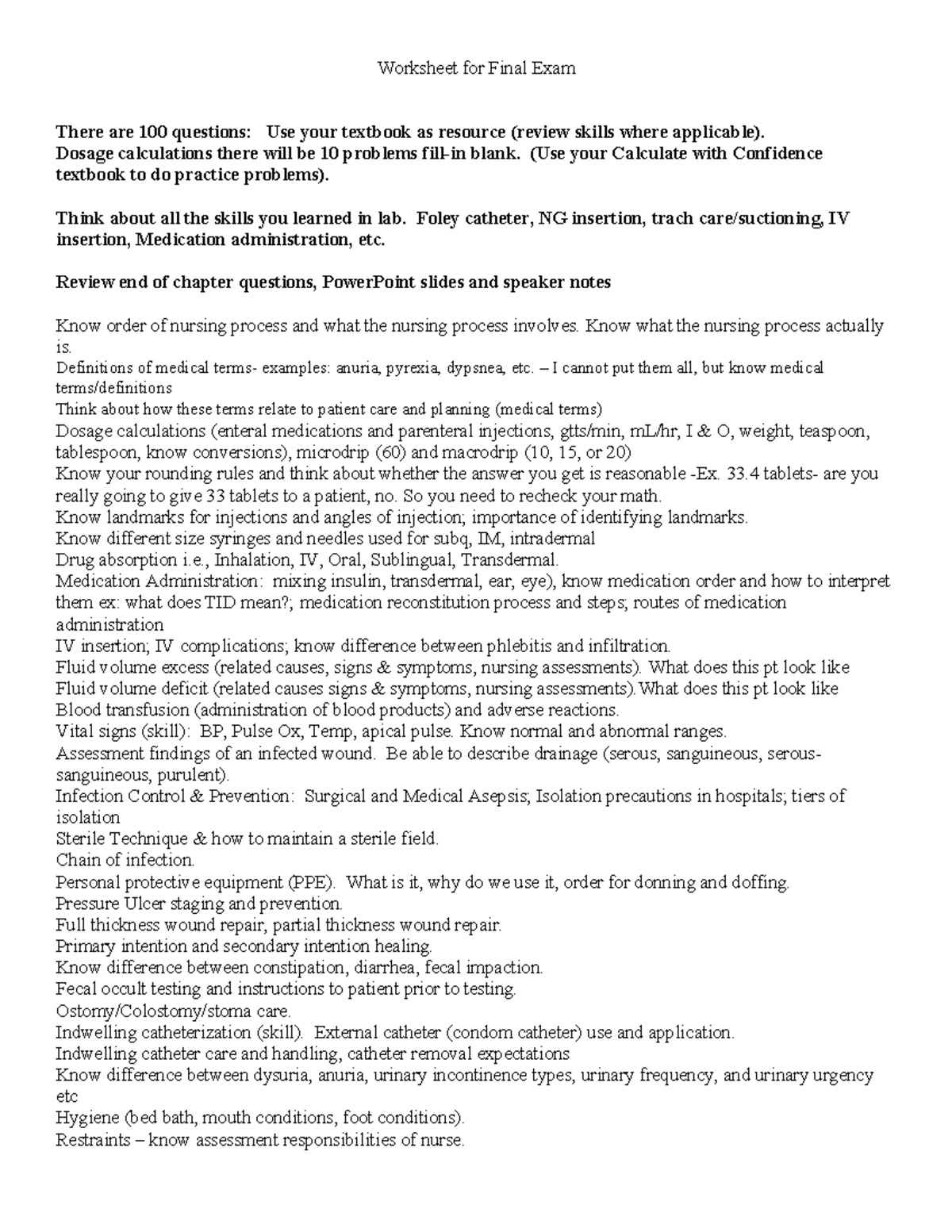 Final Exam Worksheet for Nursing - Spring 25 - Studocu