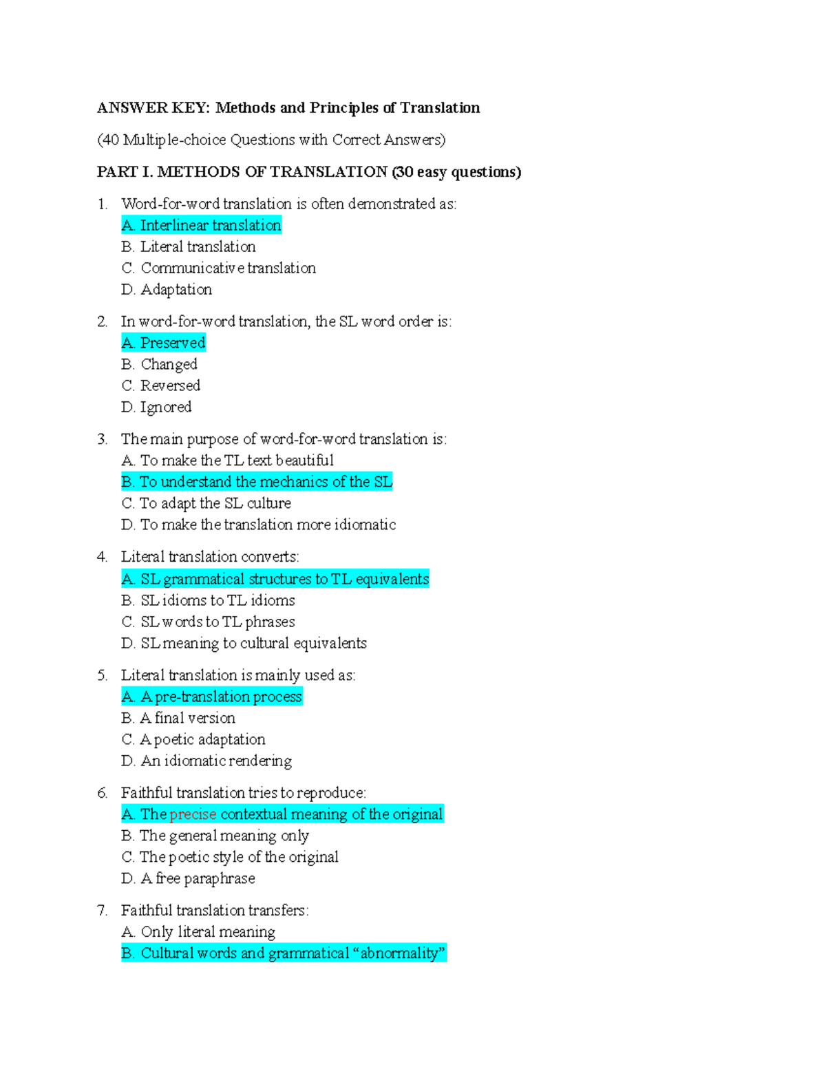 ANSWER KEY: Translation Methods & Principles (40 Qs) - Part I & II ...