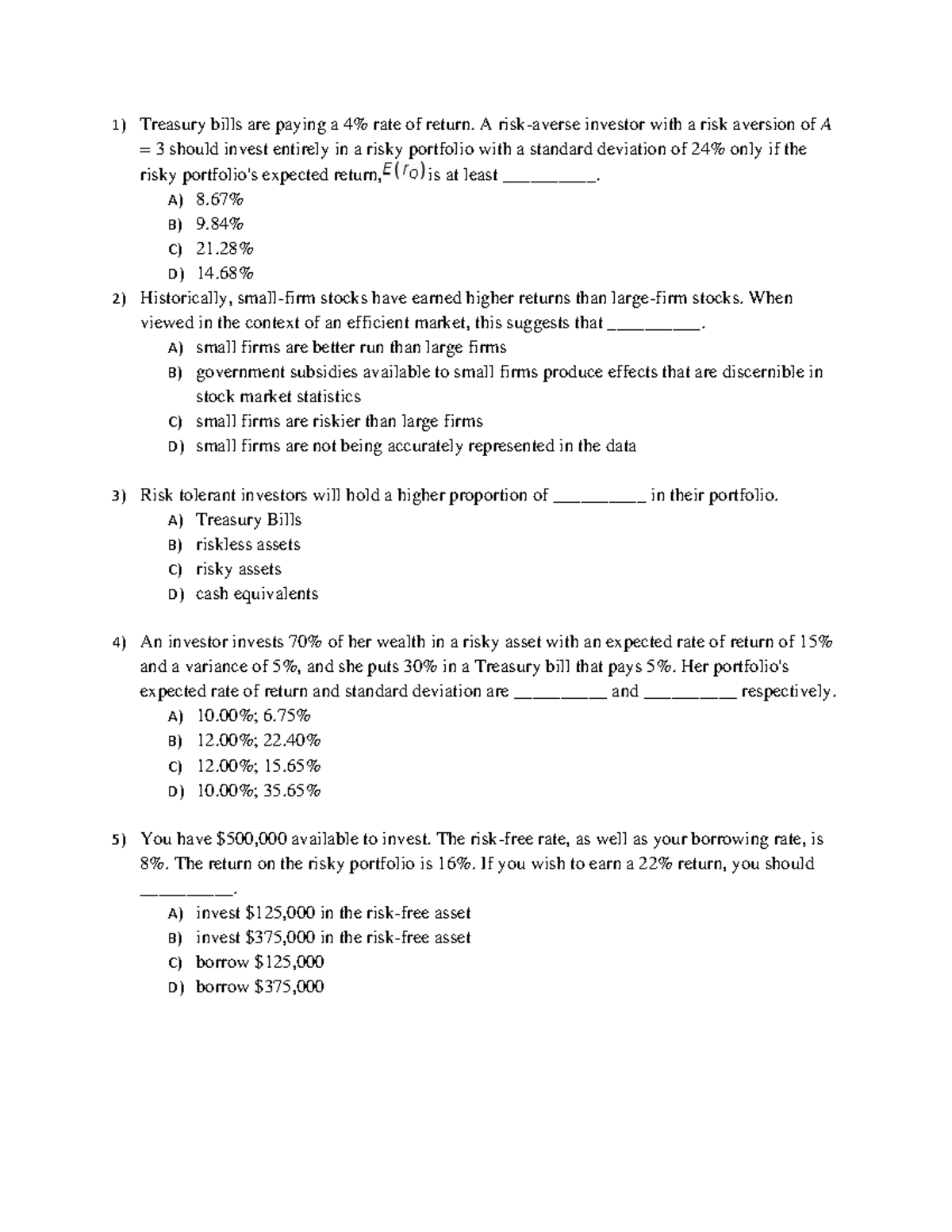 Risk and Return Questions for Finance Exam (FIN 301) - Studocu