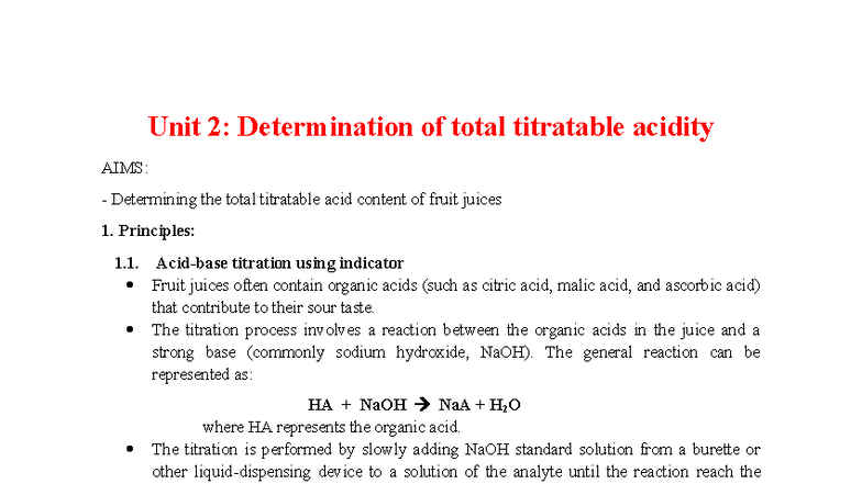 Unit 2: Total Titratable Acidity in Fruit Juices Analysis - Studocu
