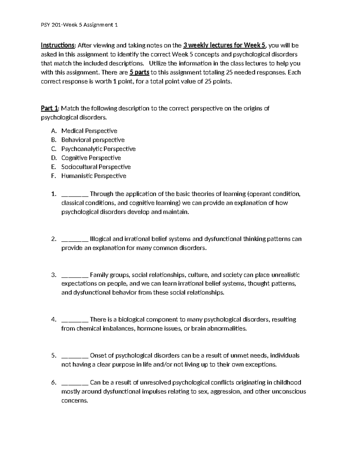 PSY 5 Week 5 Assignment 1: Concepts & Disorders Matching - Studocu