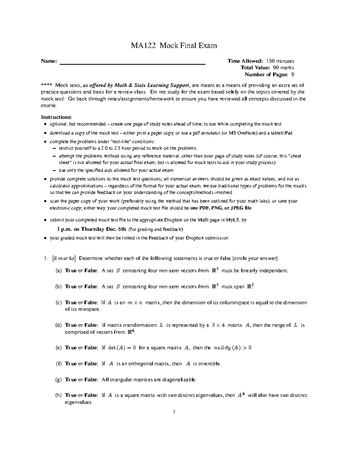 MA122 Mock Final Exam - Practice Questions and Solutions - Studocu