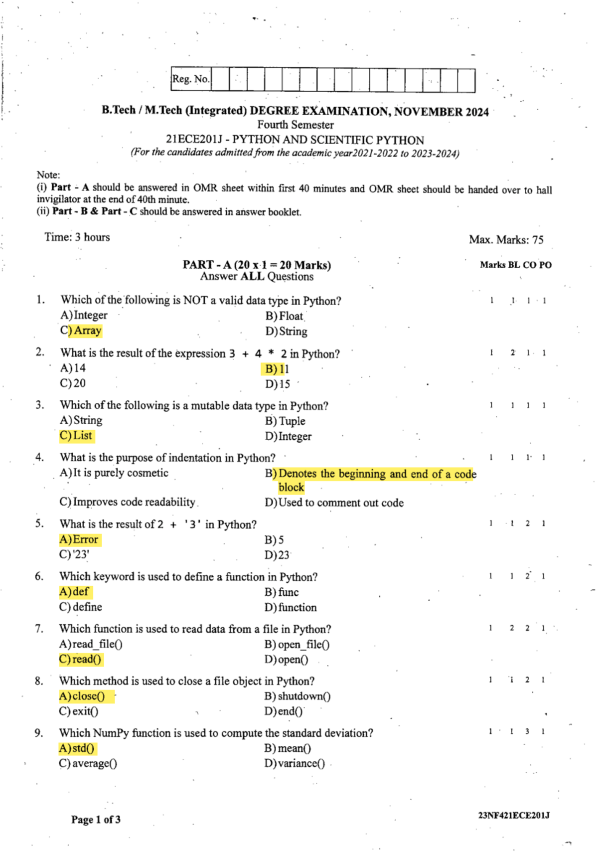21ECE201J Python and Scientific Python Exam Paper - Nov 2024 - Studocu