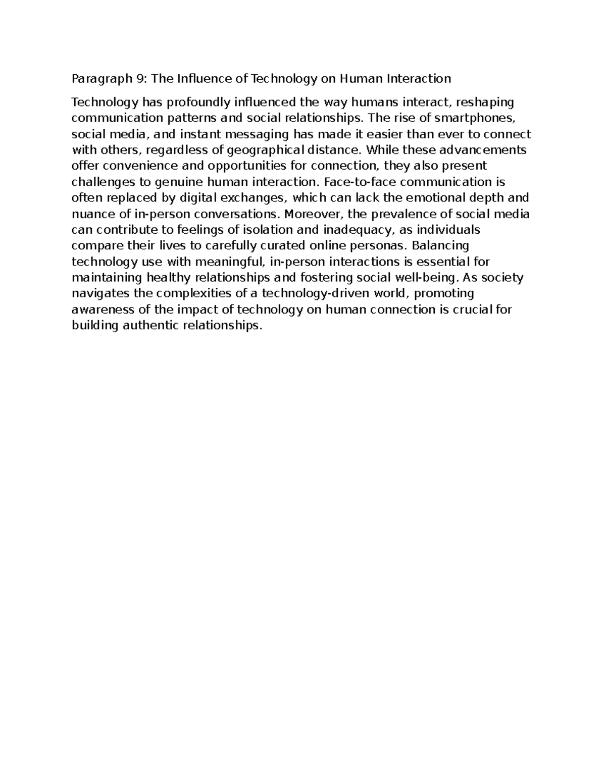 Paragraph 9 - look - Paragraph 9: The Influence of Technology on Human ...