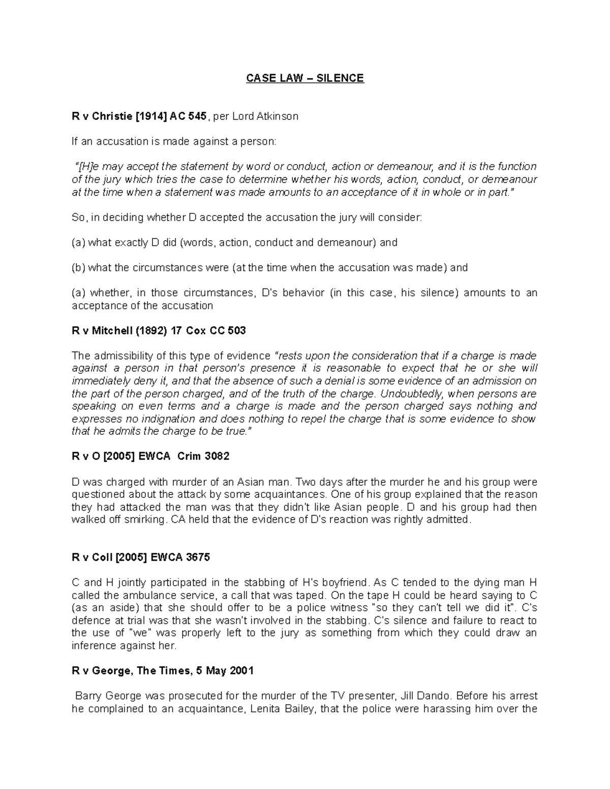 CASE LAW - Silence and Its Implications in Legal Contexts - Studocu