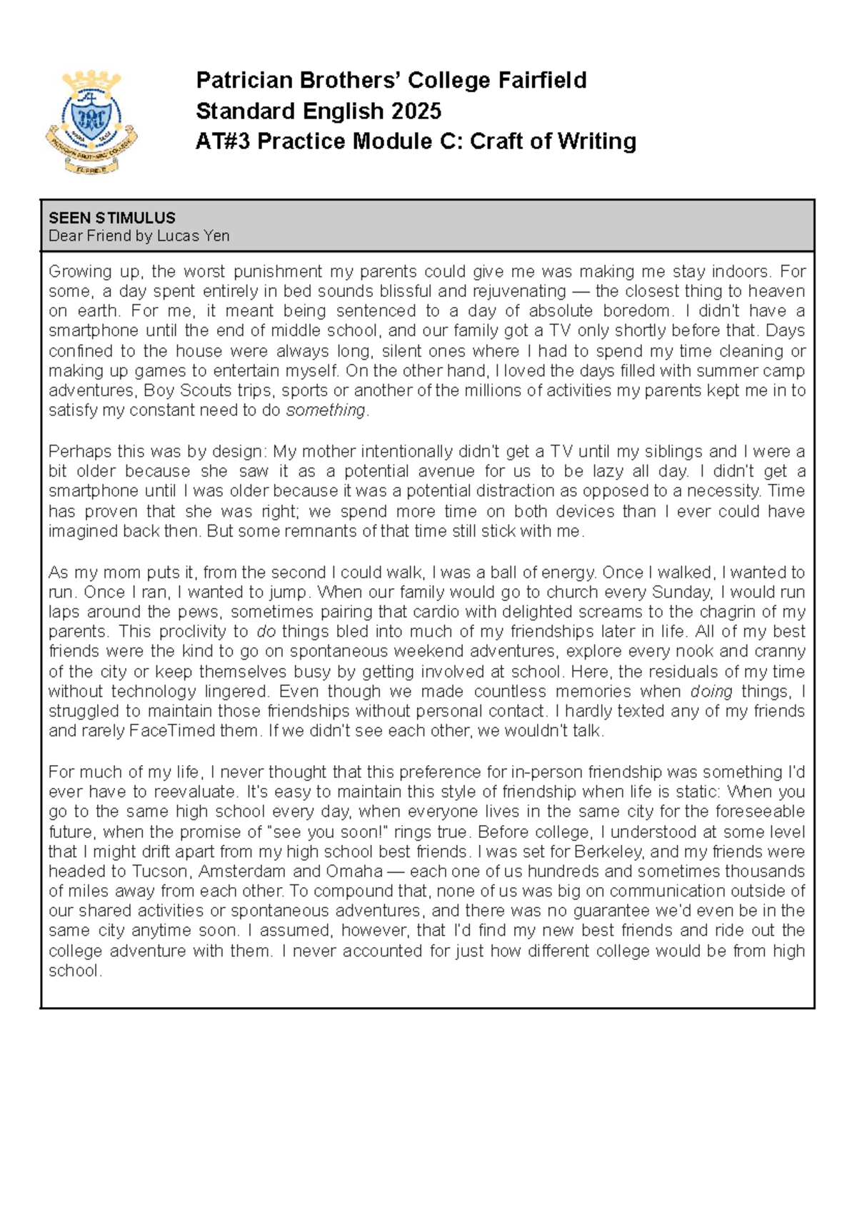 Patrician College Fairfield SEEN Stimulus Practice Module C: Craft of ...