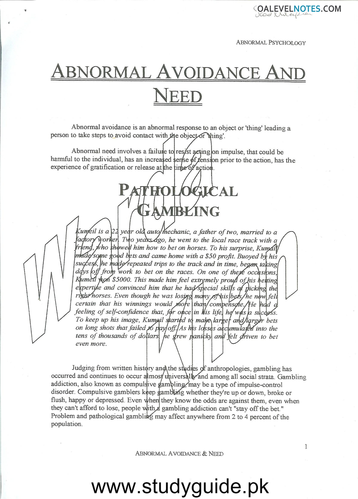 ABNORMAL PSYCHOLOGY: ABNORMAL AVOIDANCE & NEED STUDY NOTES - Studocu