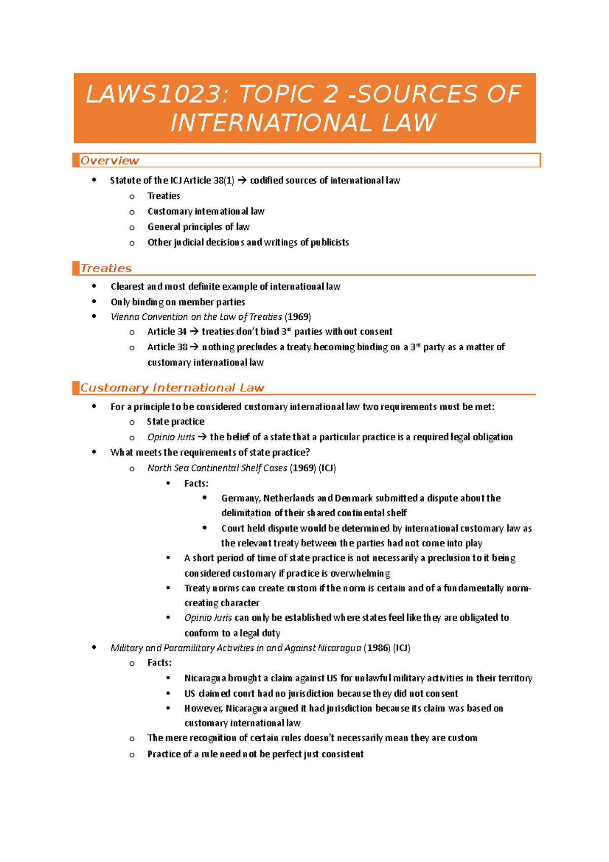 LAWS1023 Topic 2: Sources of International Law Notes - Studocu
