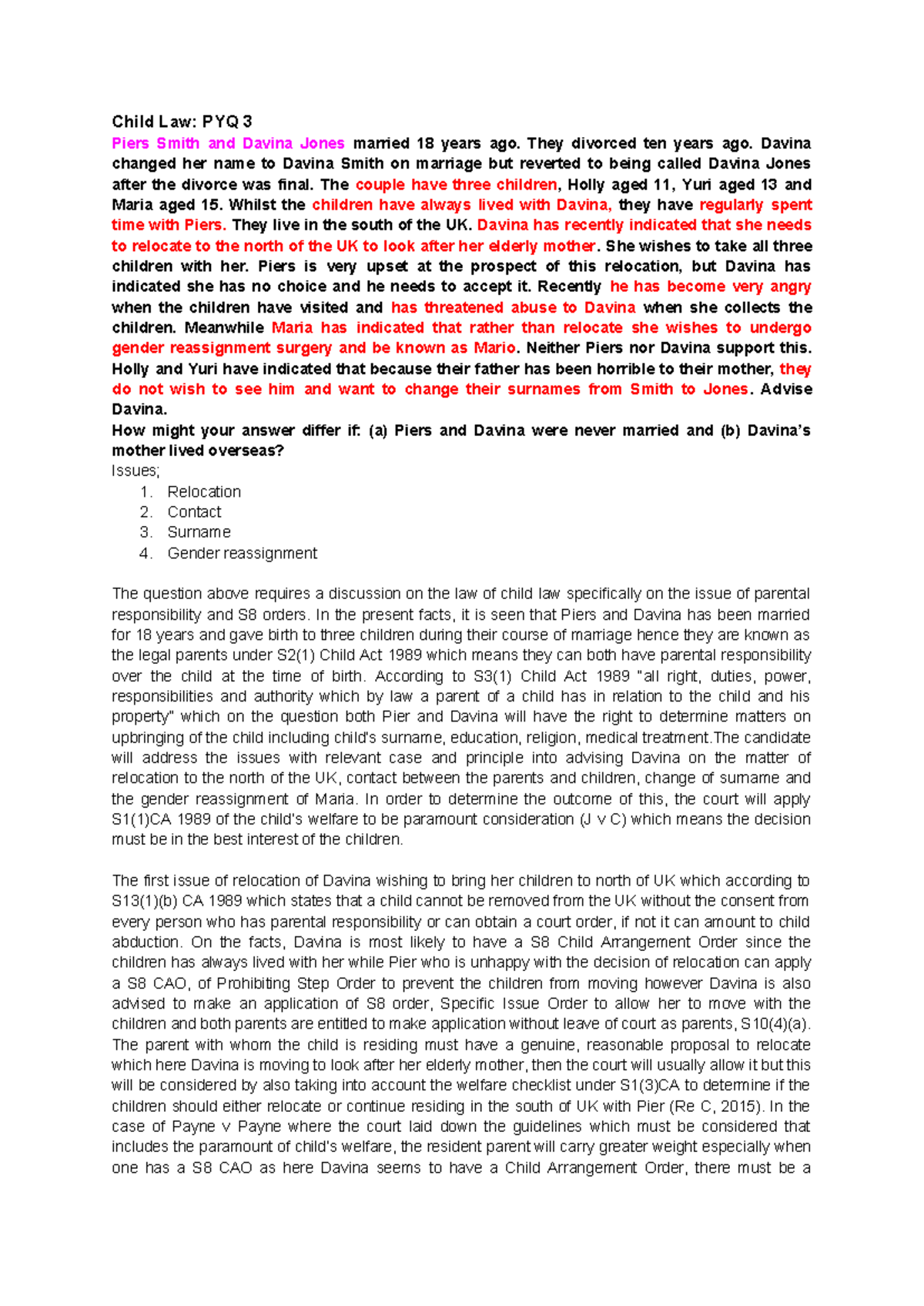 Child Law: PYQ 3 - Parental Responsibility & Relocation Issues - Studocu