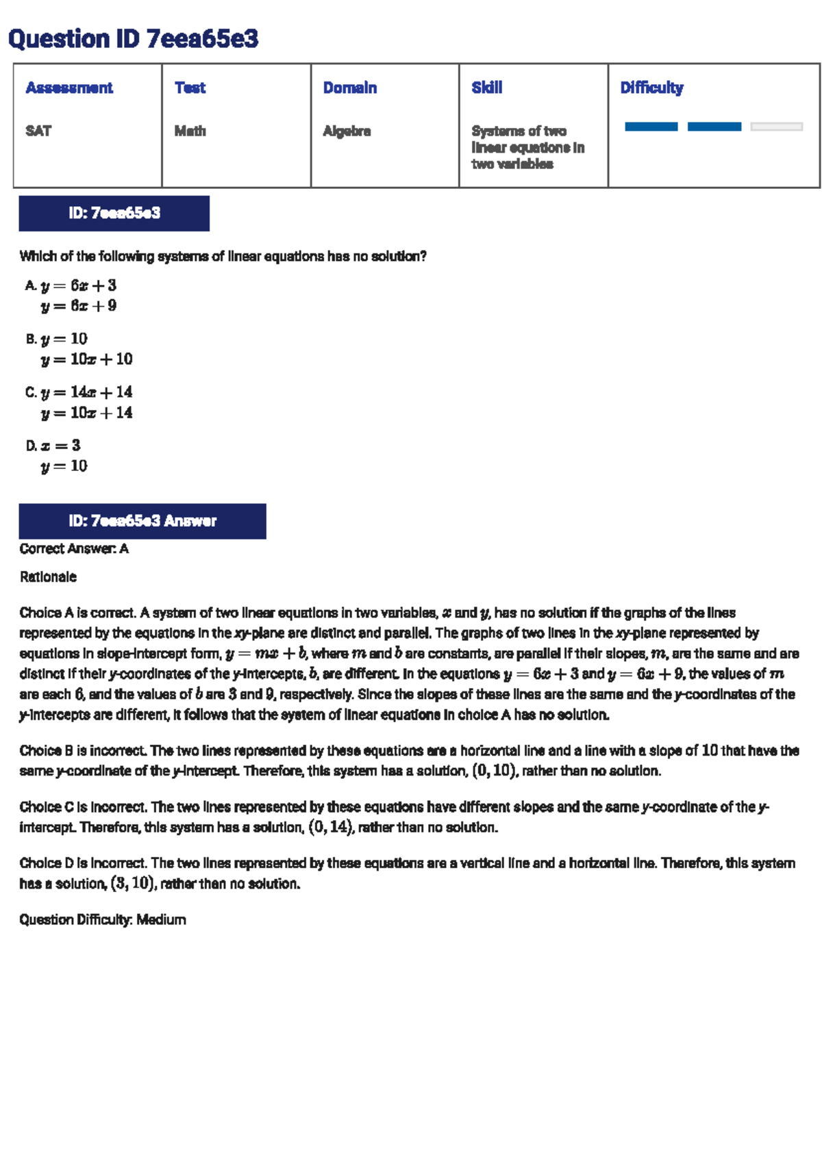 SAT Math Algebra Assessment Test: Systems of Linear Equations and ...