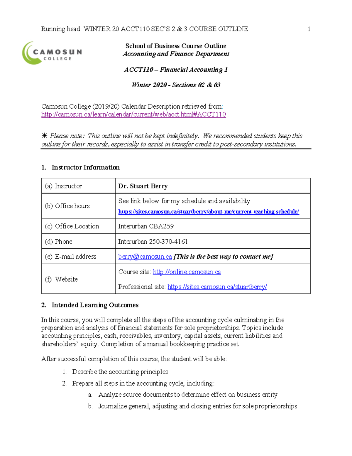 ACCT110 Winter 2020 Course Outline for Sections 02 & 03 - Studocu