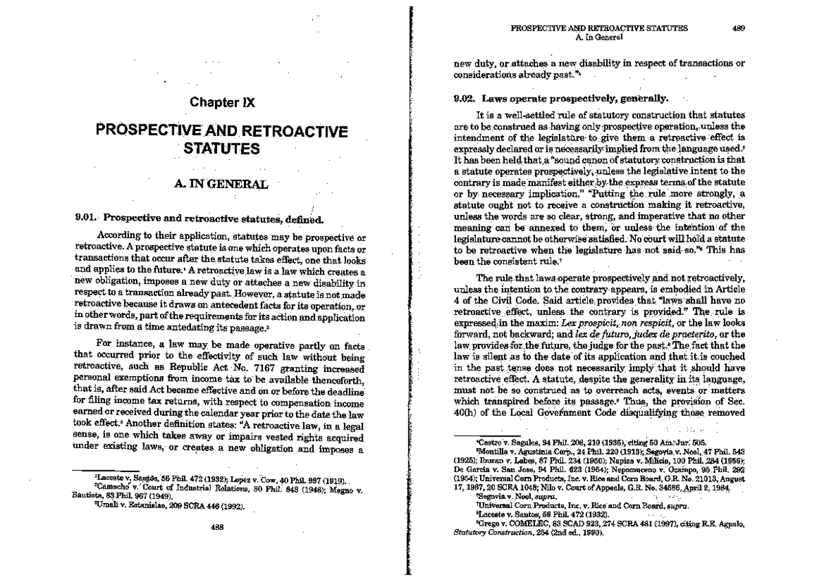 Chapter 9 - Understanding Prospective and Retroactive Statutes (Agpalo ...