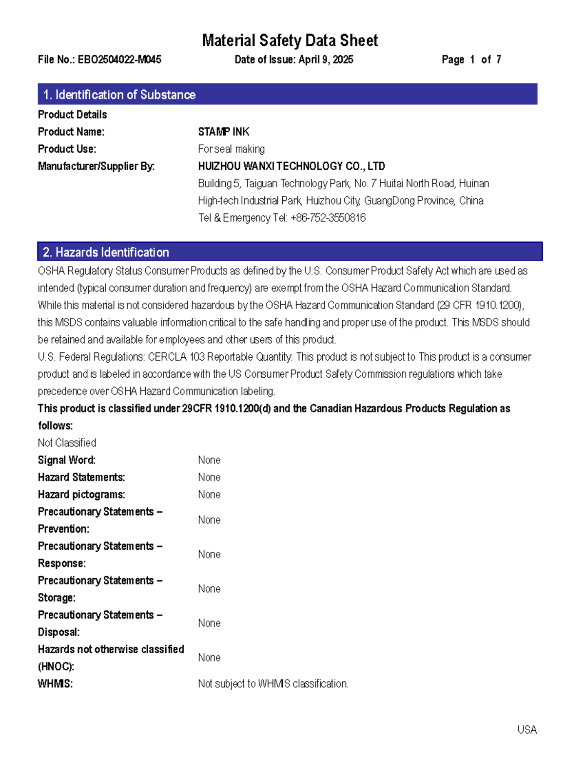 EBO2504022-M045 Material Safety Data Sheet for STAMP INK - Studocu