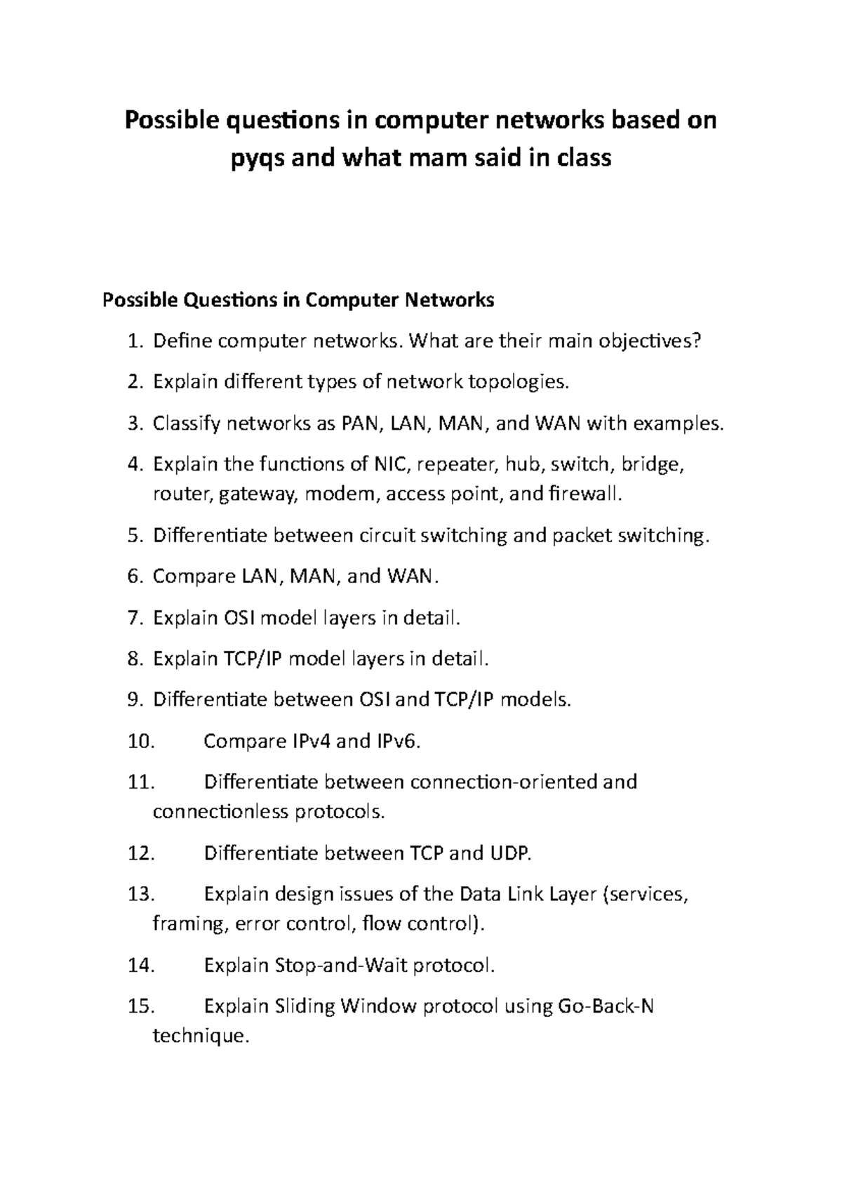 Possible Questions for Computer Networks (CN PAQ) - Studocu