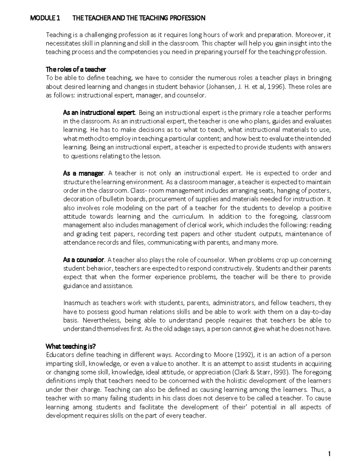 Module 01: Understanding the Teacher's Role in Education - Studocu