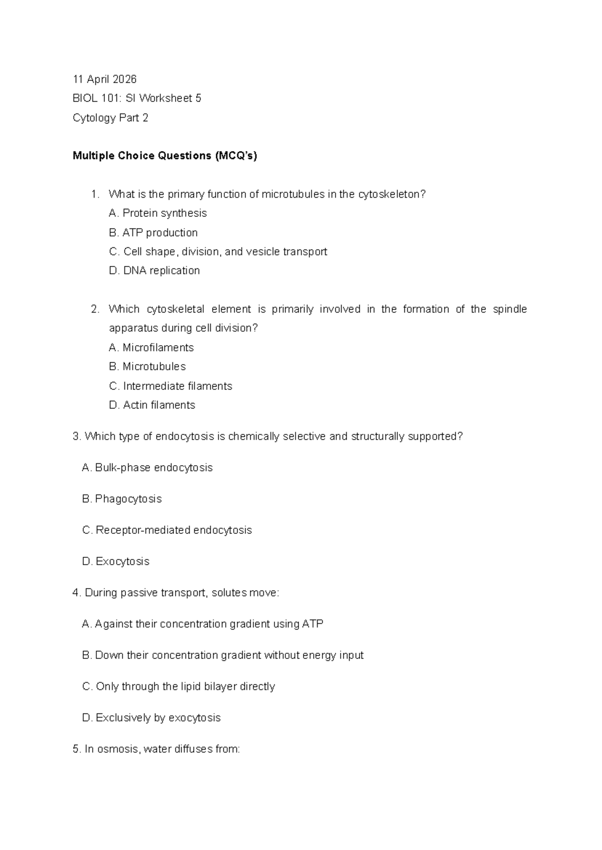 BIOL 101: SI Worksheet 5 - Cytology MCQs and Key Concepts - Studocu