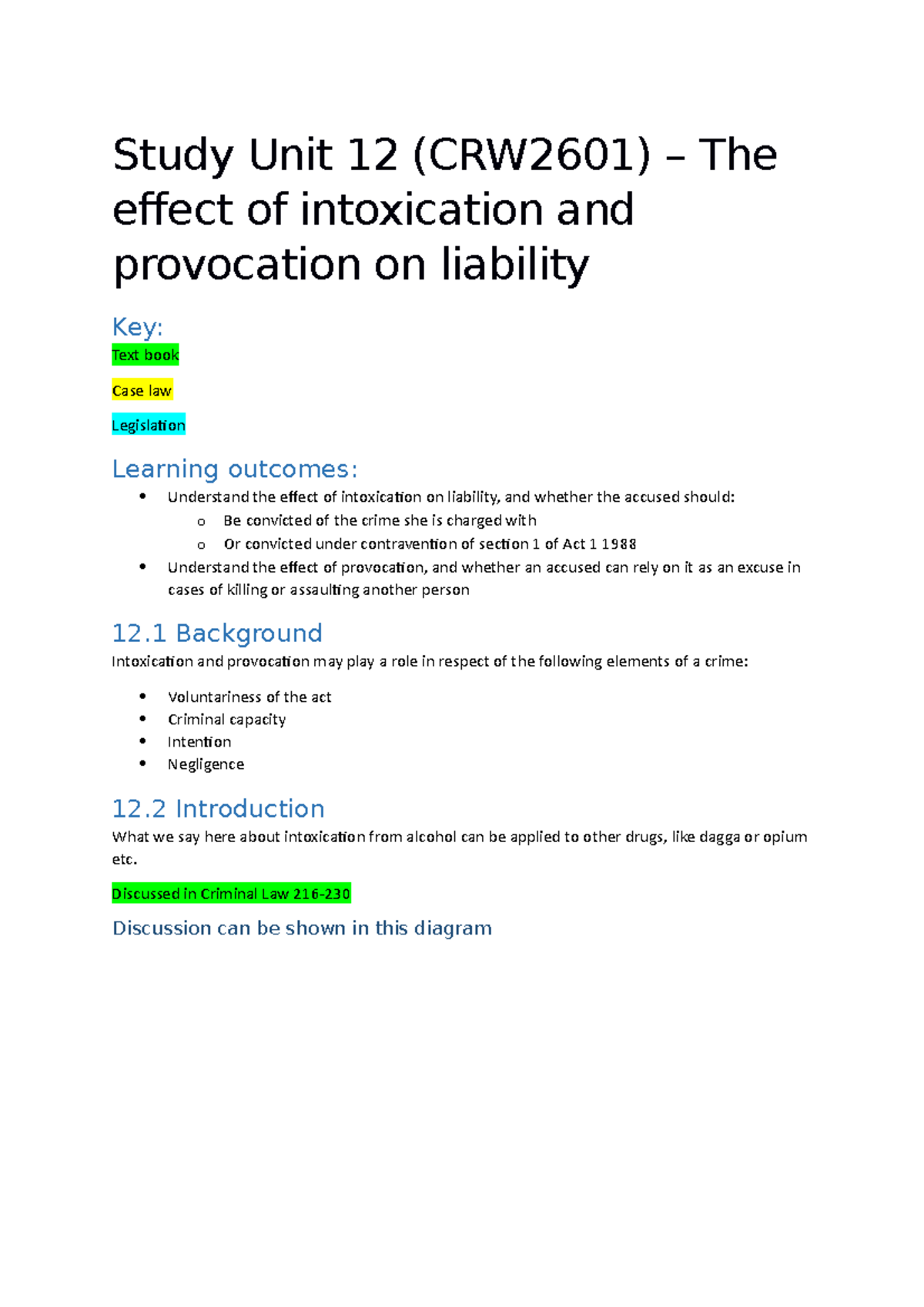 CRW2601 Study Unit 12 The effect of intoxicationa nd provocation on ...