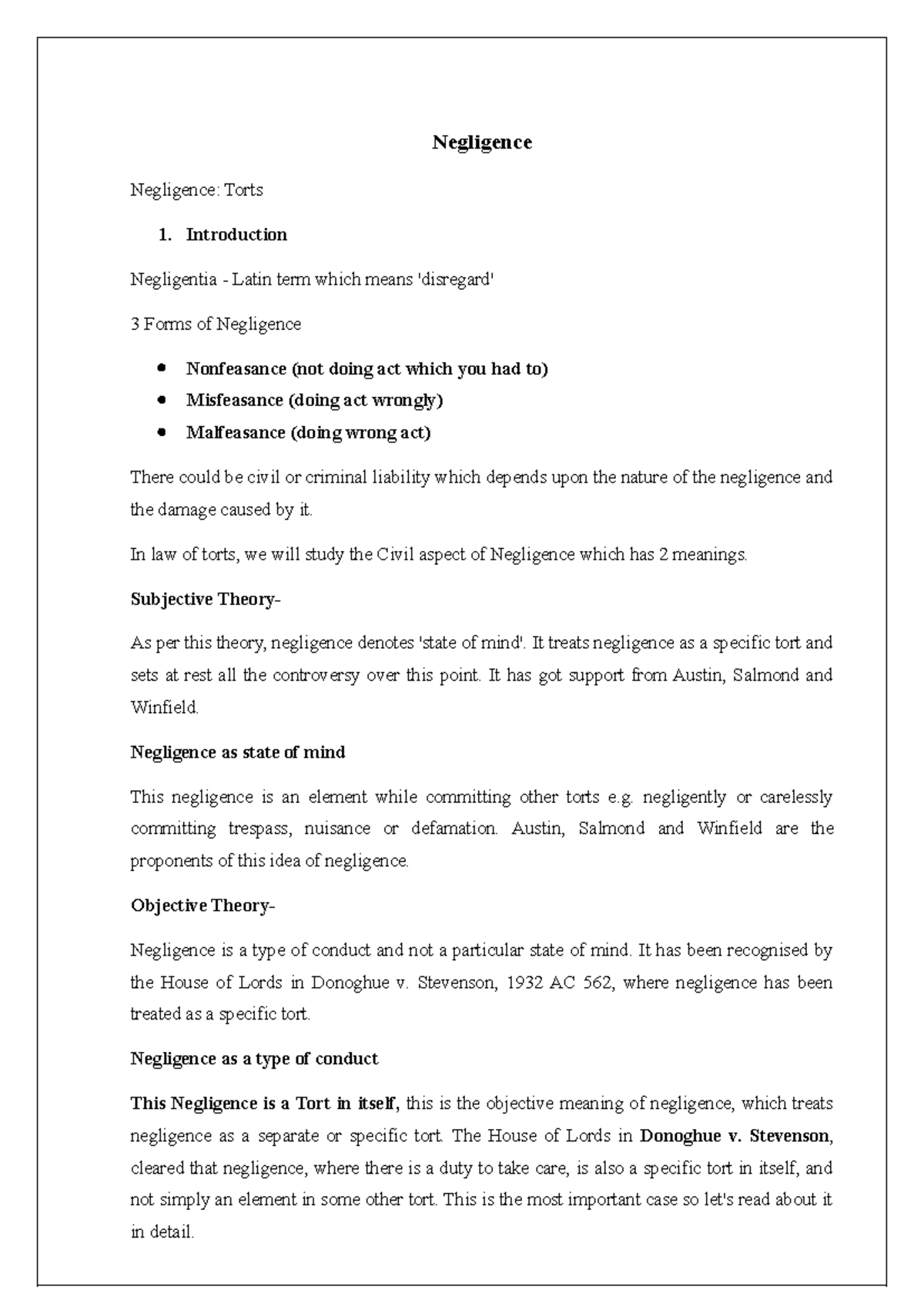 Negligence in Law of Torts: Key Concepts and Case Studies - Studocu