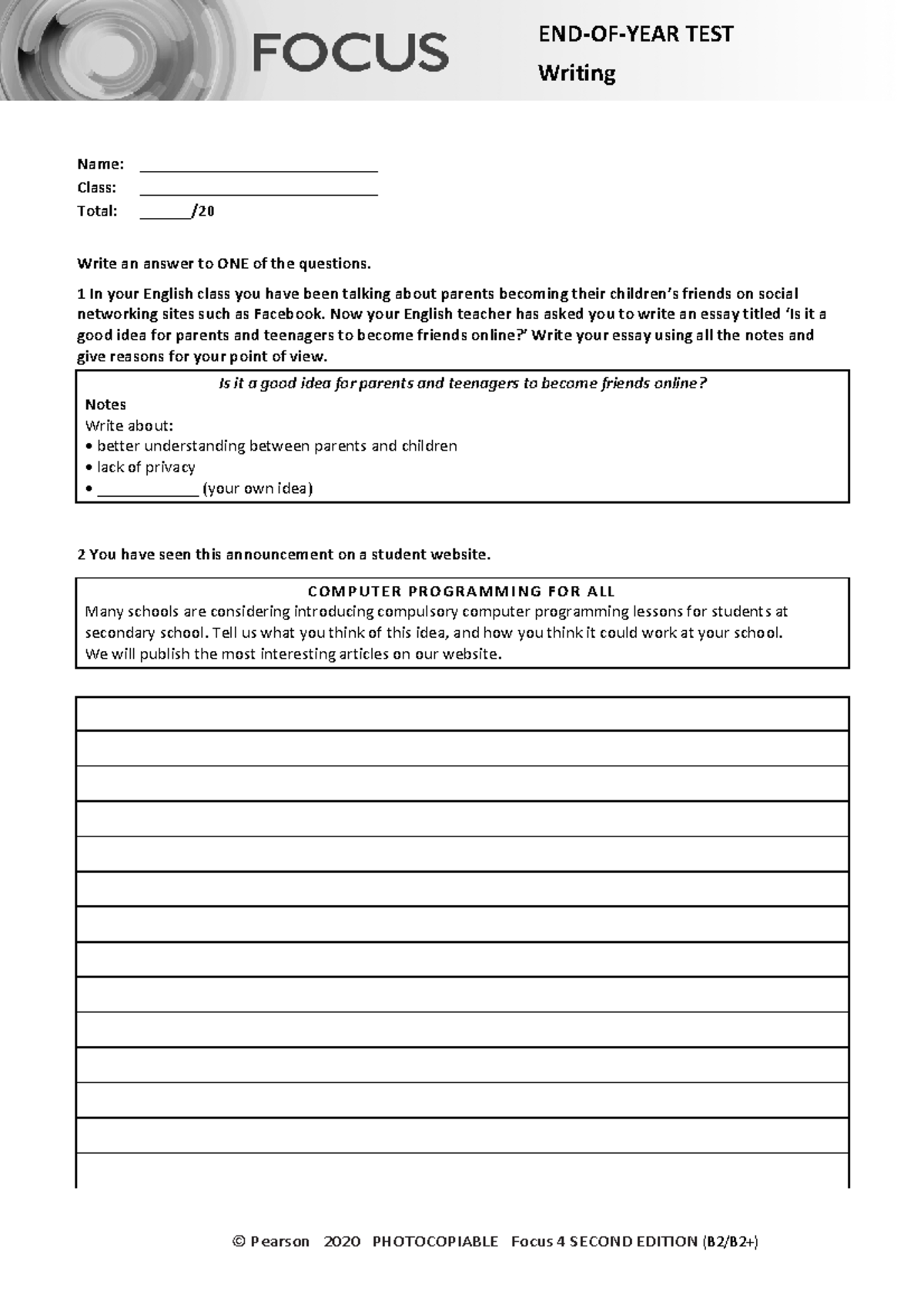 Focus 4 2E End of Year Test: Writing Essay Prompts - Studocu
