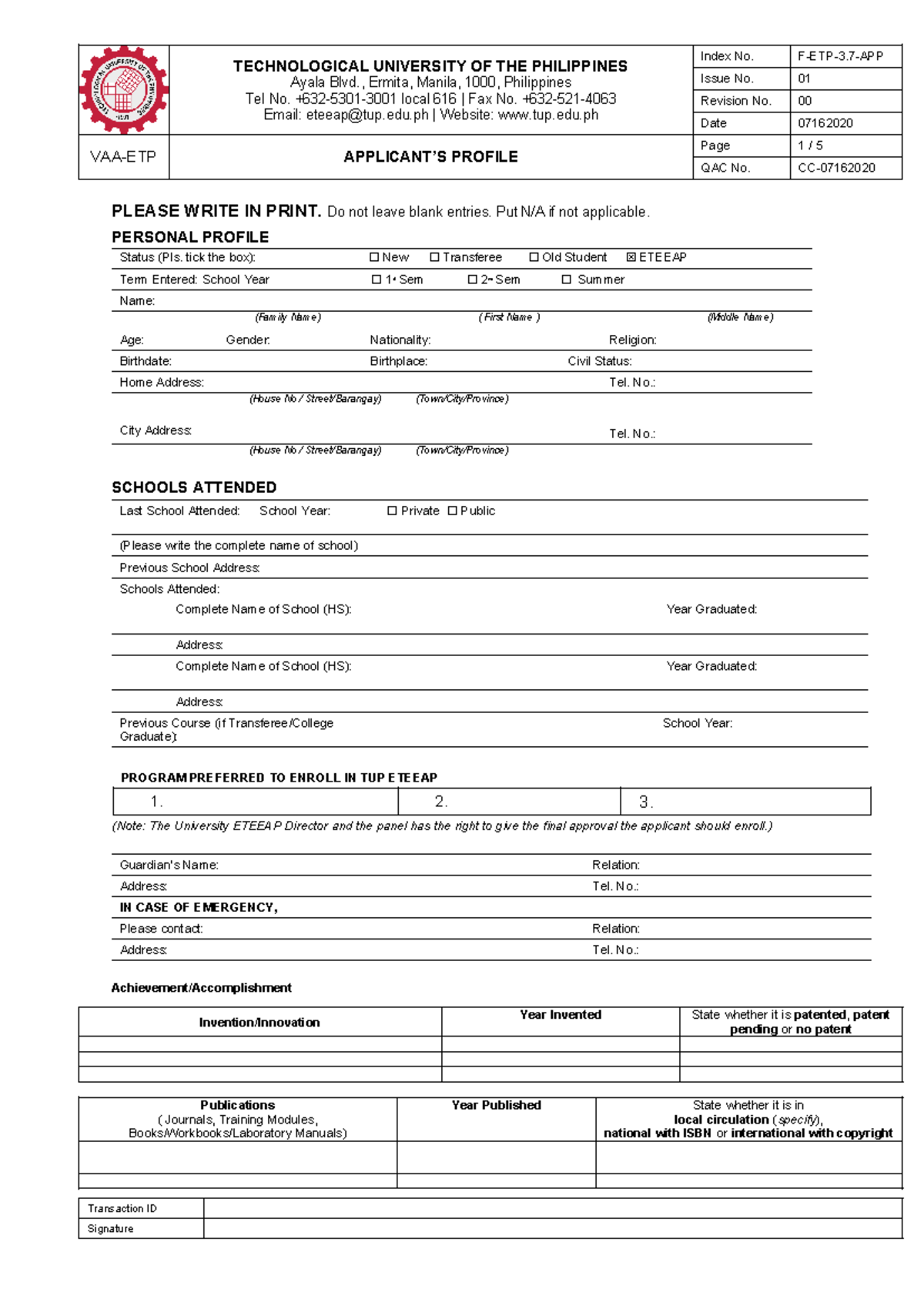 F-ETP-3.7-APP ETEEAP Applicant's Profile and Undertaking Form - Studocu