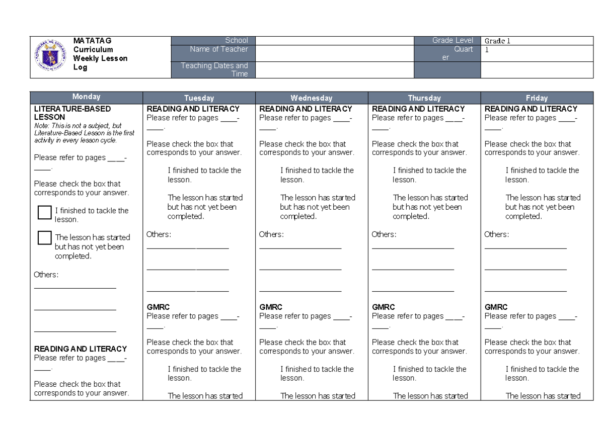 DLL ILE - Weekly Lesson Log for Grade 1 in Sorsogon Province - Studocu