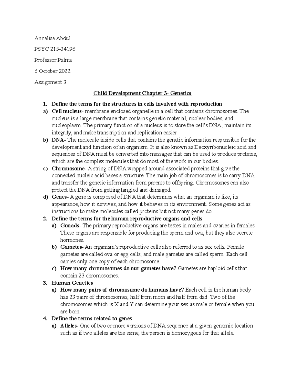 Assignment 3 PSYC215 - Summarized Lecture Notes on Genetics in Child ...
