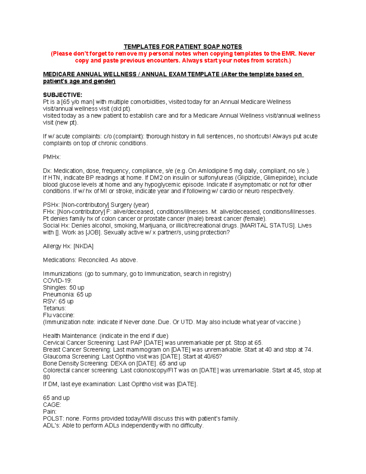 Updated SOAP Note Templates for Patient Assessments and Encounters ...