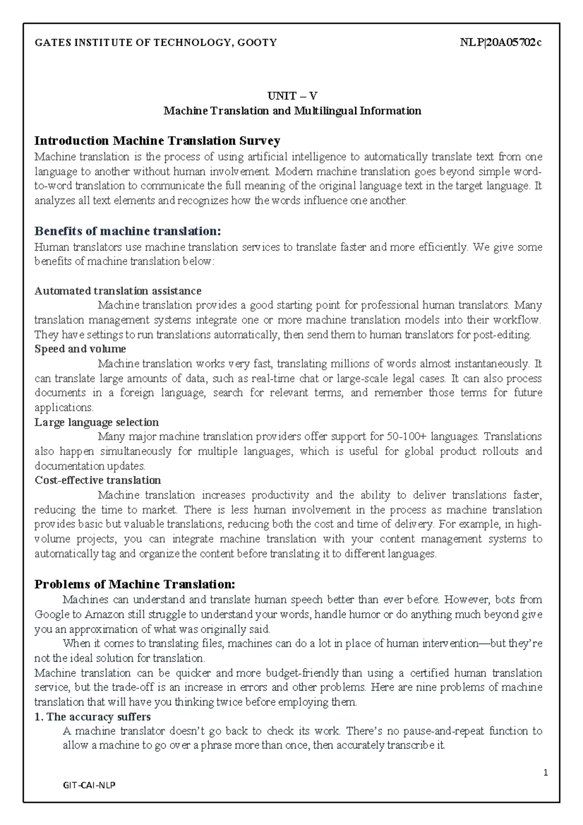 NLP 5 - NLP - 1 UNIT – V Machine Translation and Multilingual ...