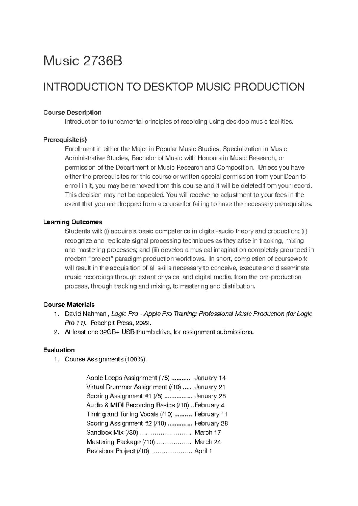 Music 2736B (W25) - All Assignments and Evaluation Guidelines - Studocu