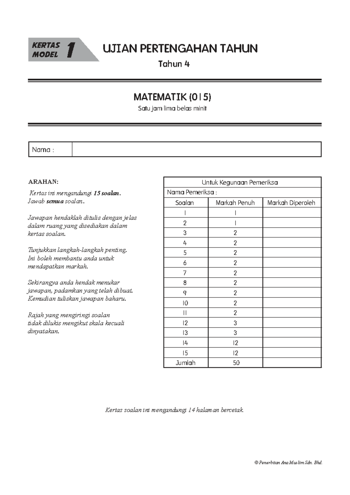 Ujian Pertengahan Tahun Matematik Tahun 4 (015) - Kertas Model 1 - Studocu
