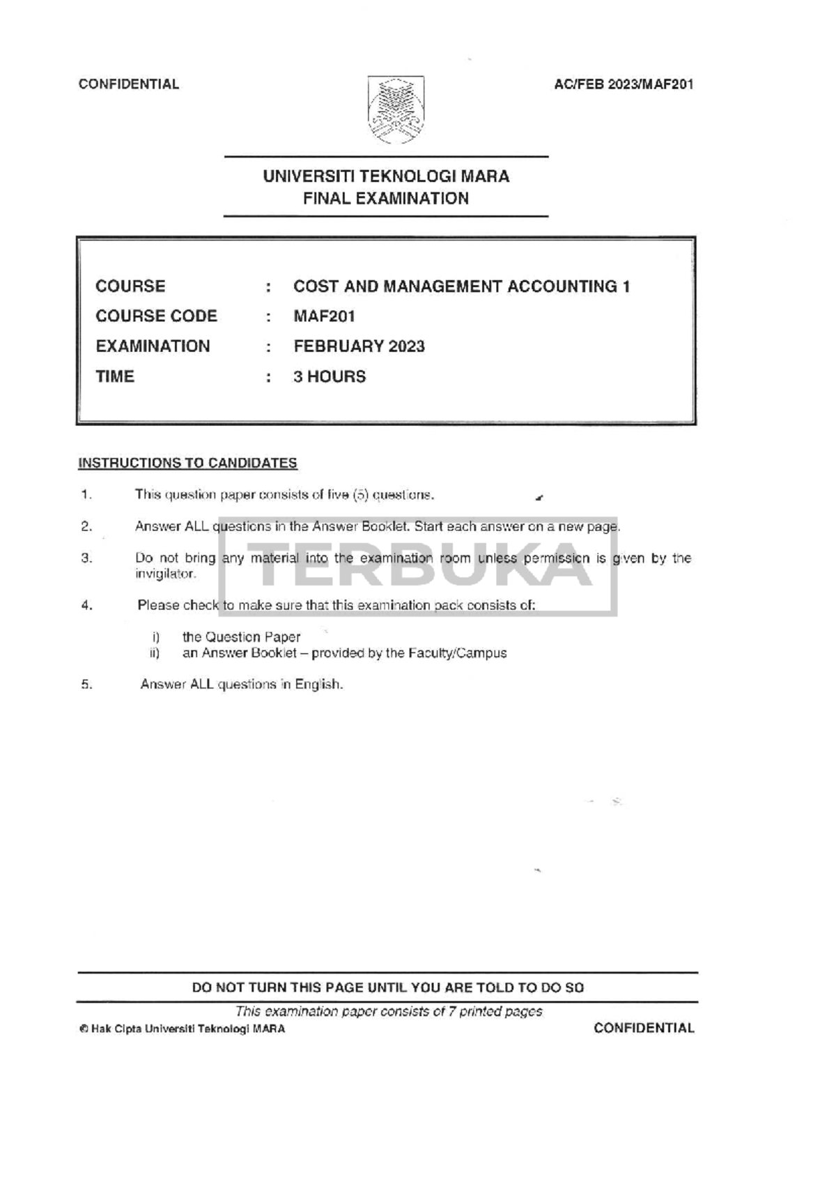 MAF201 FEB 2023 - Final Exam Past Year Questions on Cost & Management ...