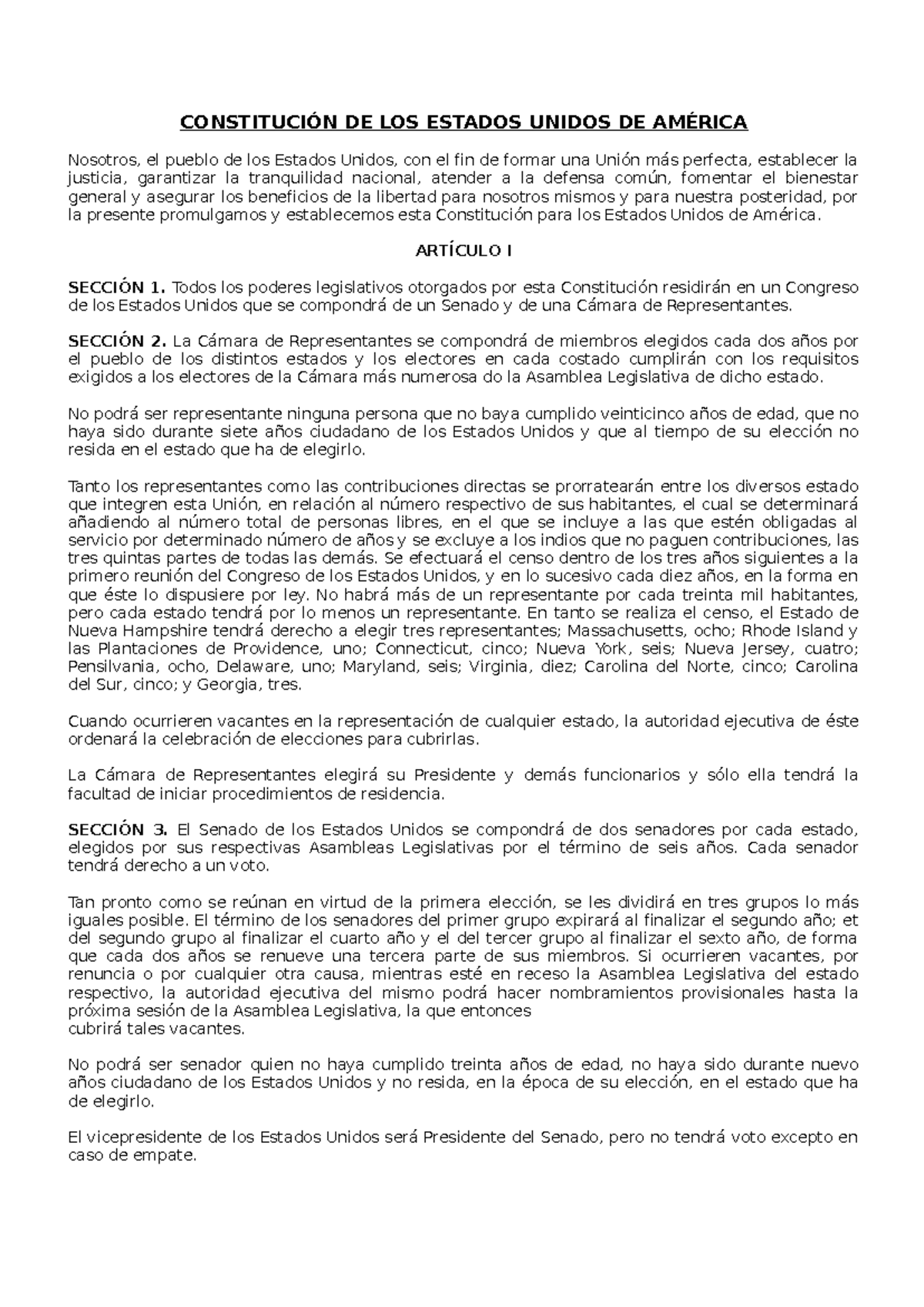 Constitución de los Estados Unidos: Texto Completo y Análisis - Studocu