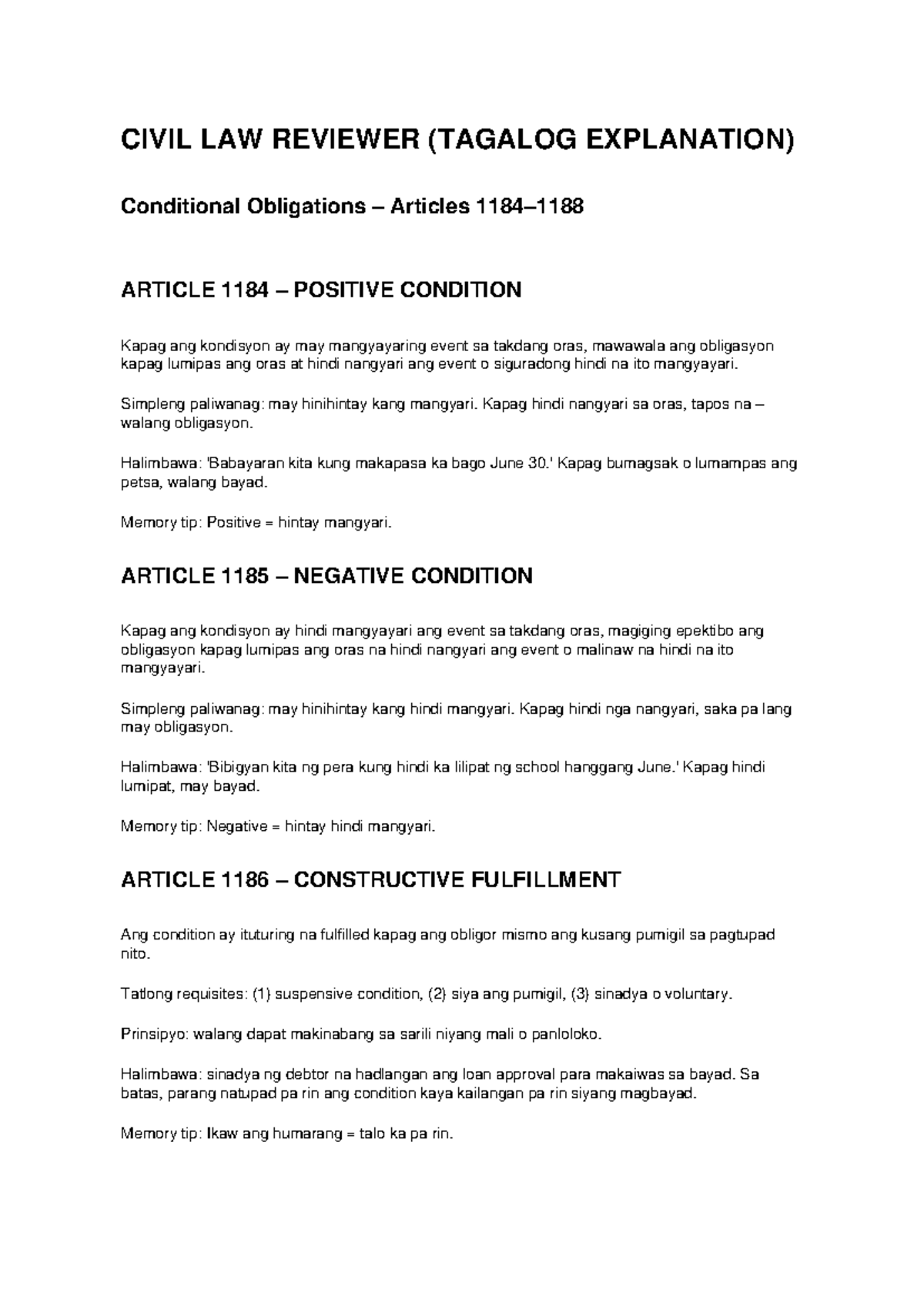 CIVIL LAW REVIEWER (TAGALOG) Conditional Obligations Articles 1184-1188 ...
