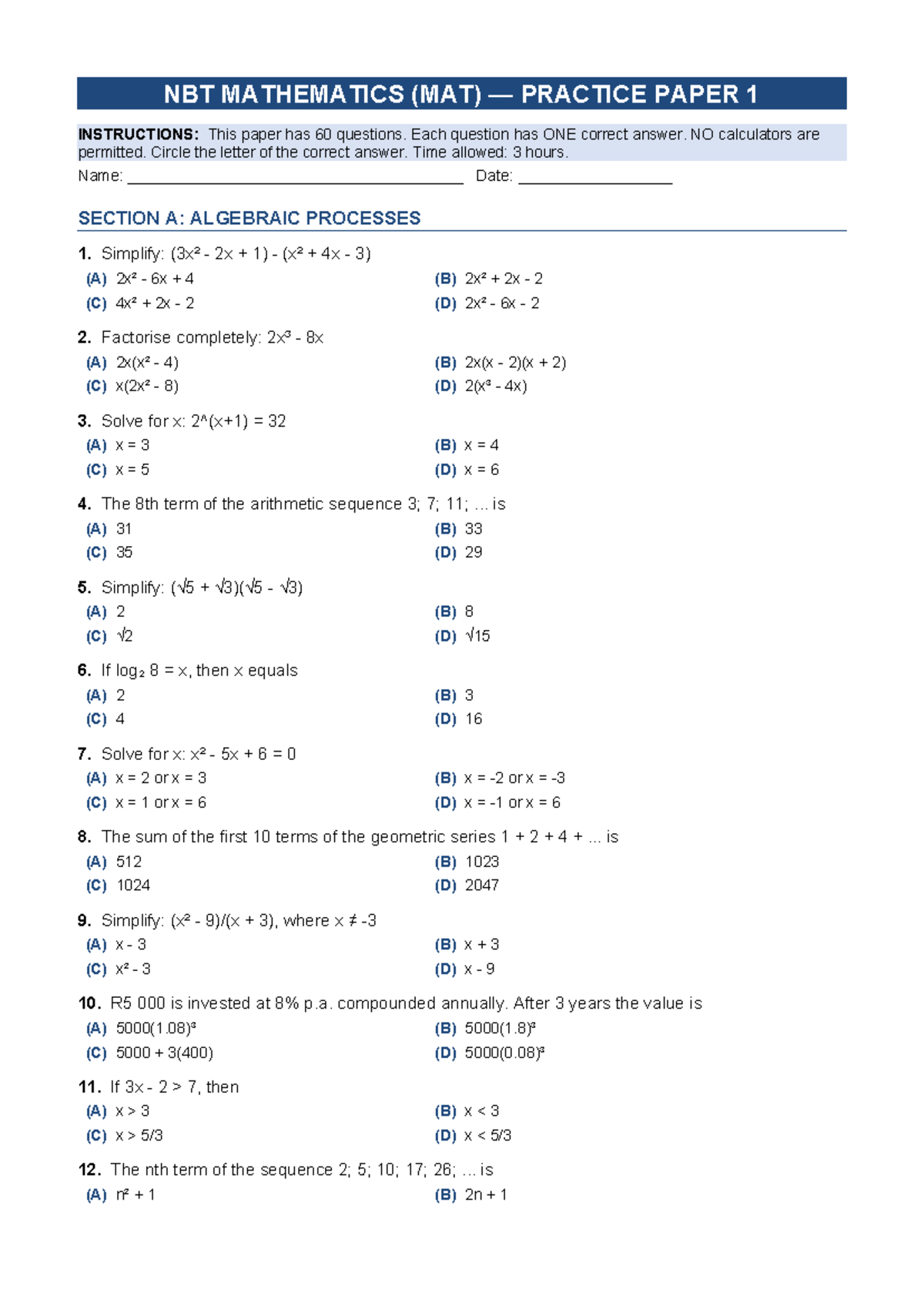 NBT MATHEMATICS (MAT) PRACTICE PAPER 1 & 3 OVERVIEW - Studocu