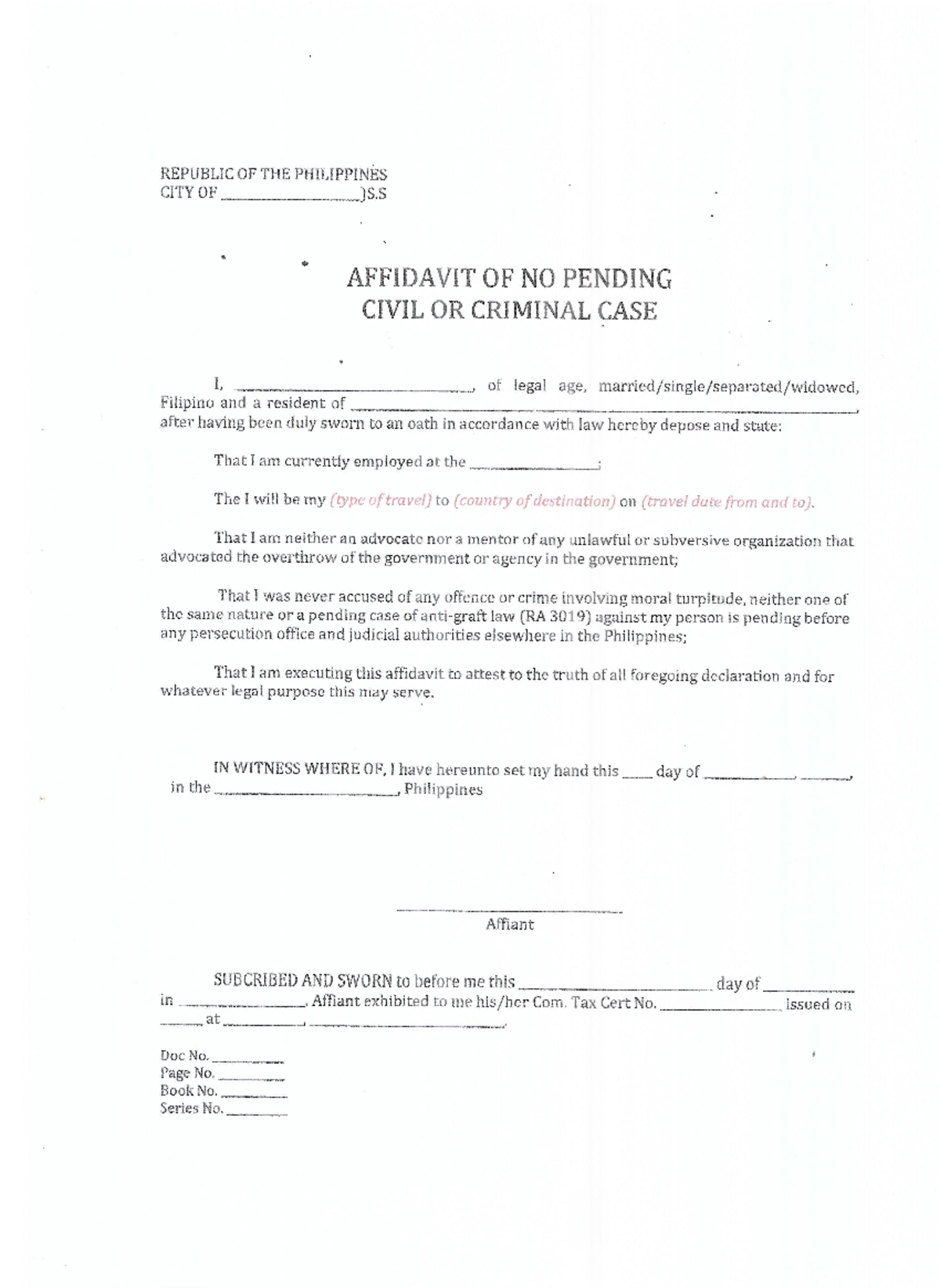 Fta-Affidavit: No Pending Civil or Criminal Case Documentation - Studocu