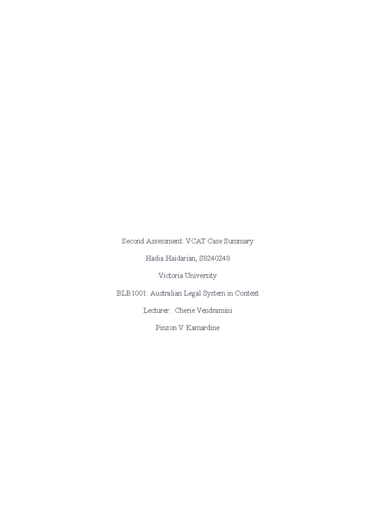 BLB1001: VCAT Case Summary - Pinzon V Kamardine (2022) Analysis - Studocu