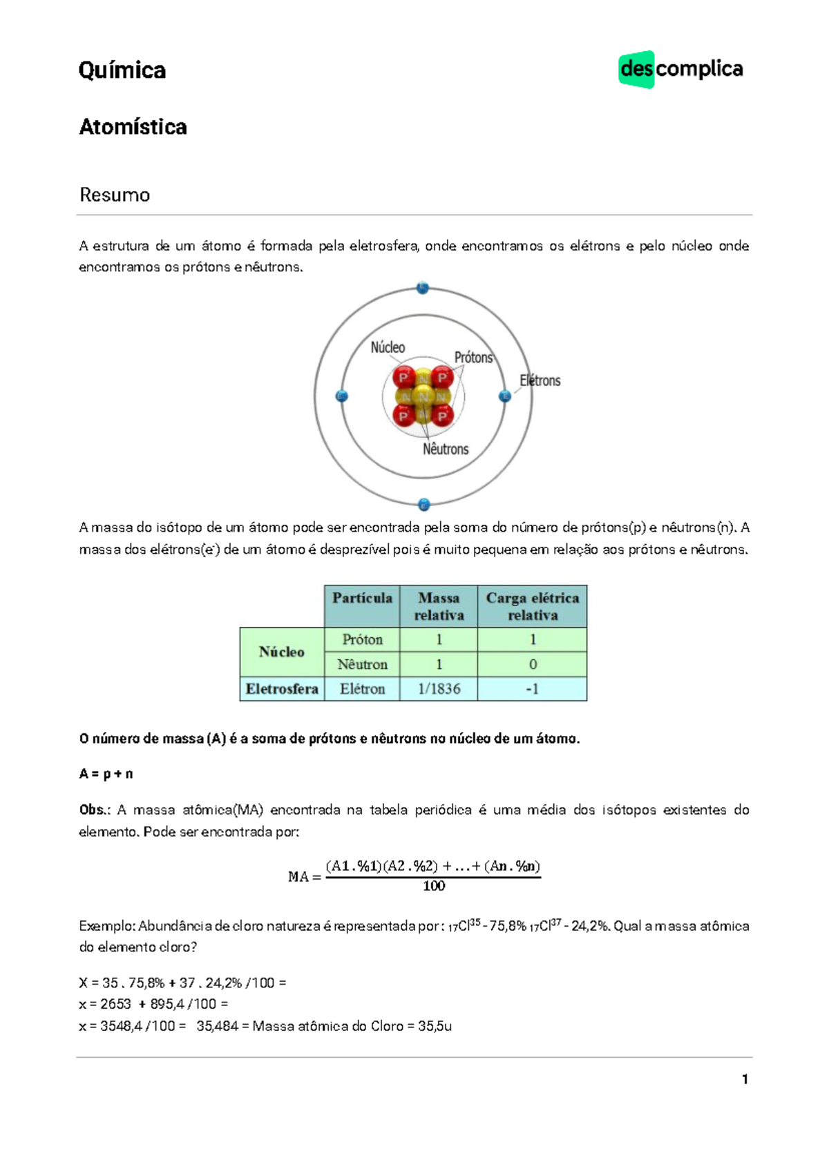 Atividade de Atomística - Química 101: Resumo e Exercícios - Studocu
