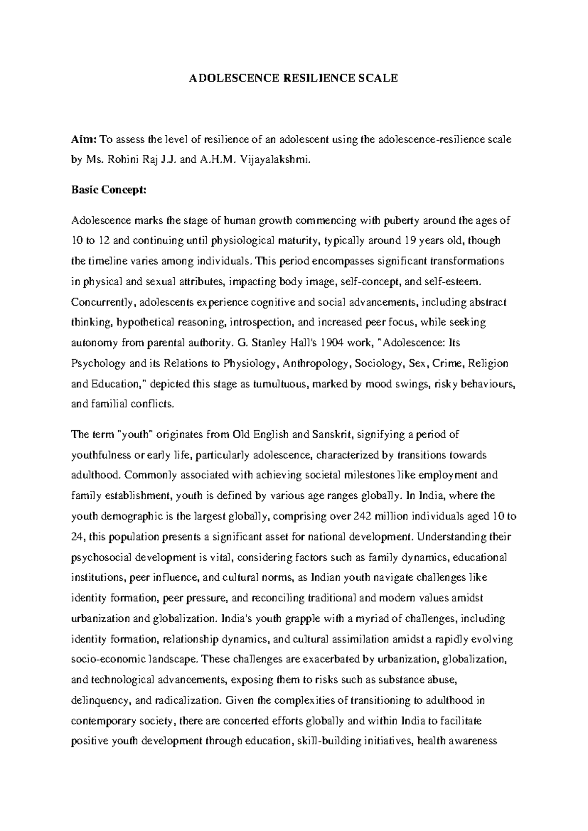 Adolescence Resilience Scale: Understanding Psychological Growth - Studocu