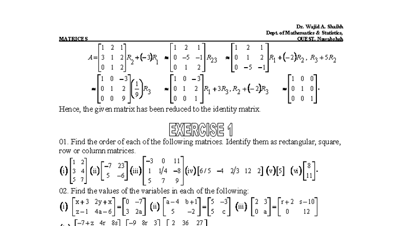 Matrix Exercise - Mathematics Notes (MATH 101) - Studocu