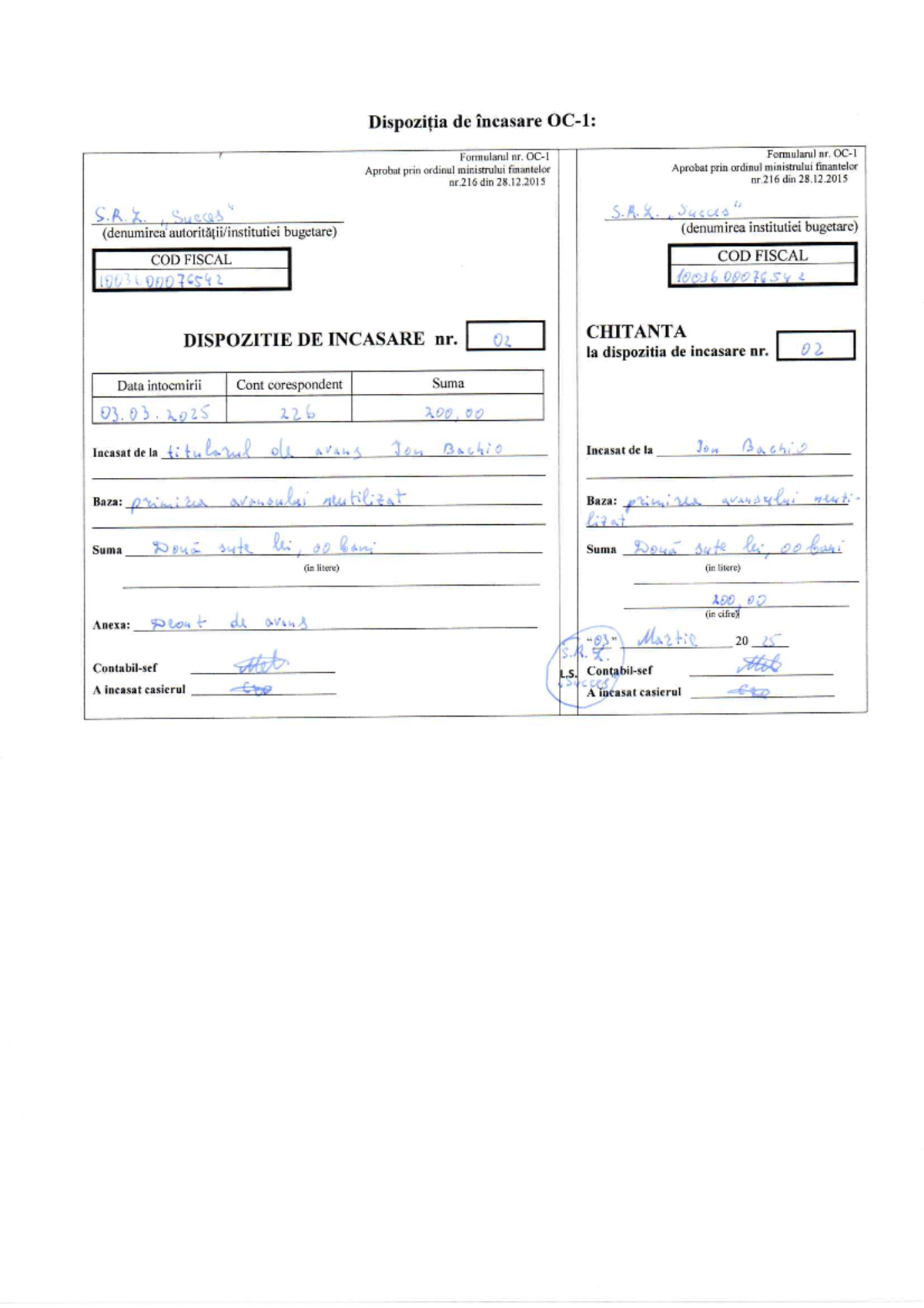 Dispoziție de Încasare nr. 02 - Formular Aprobat prin Ordinul nr. 216 ...