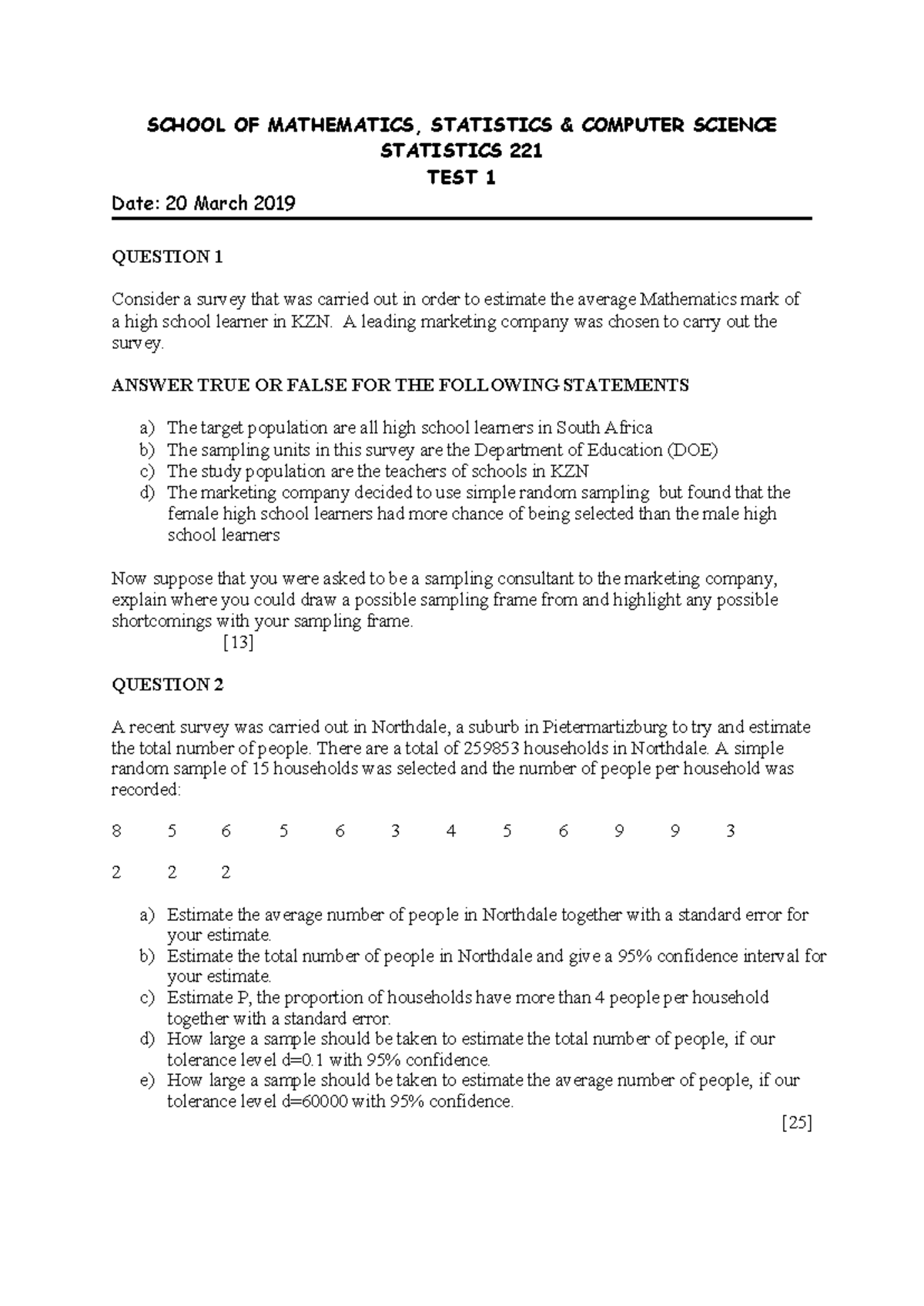 Stat 221 Test 1 Exercises and Solutions for 2019 Exam - Studocu