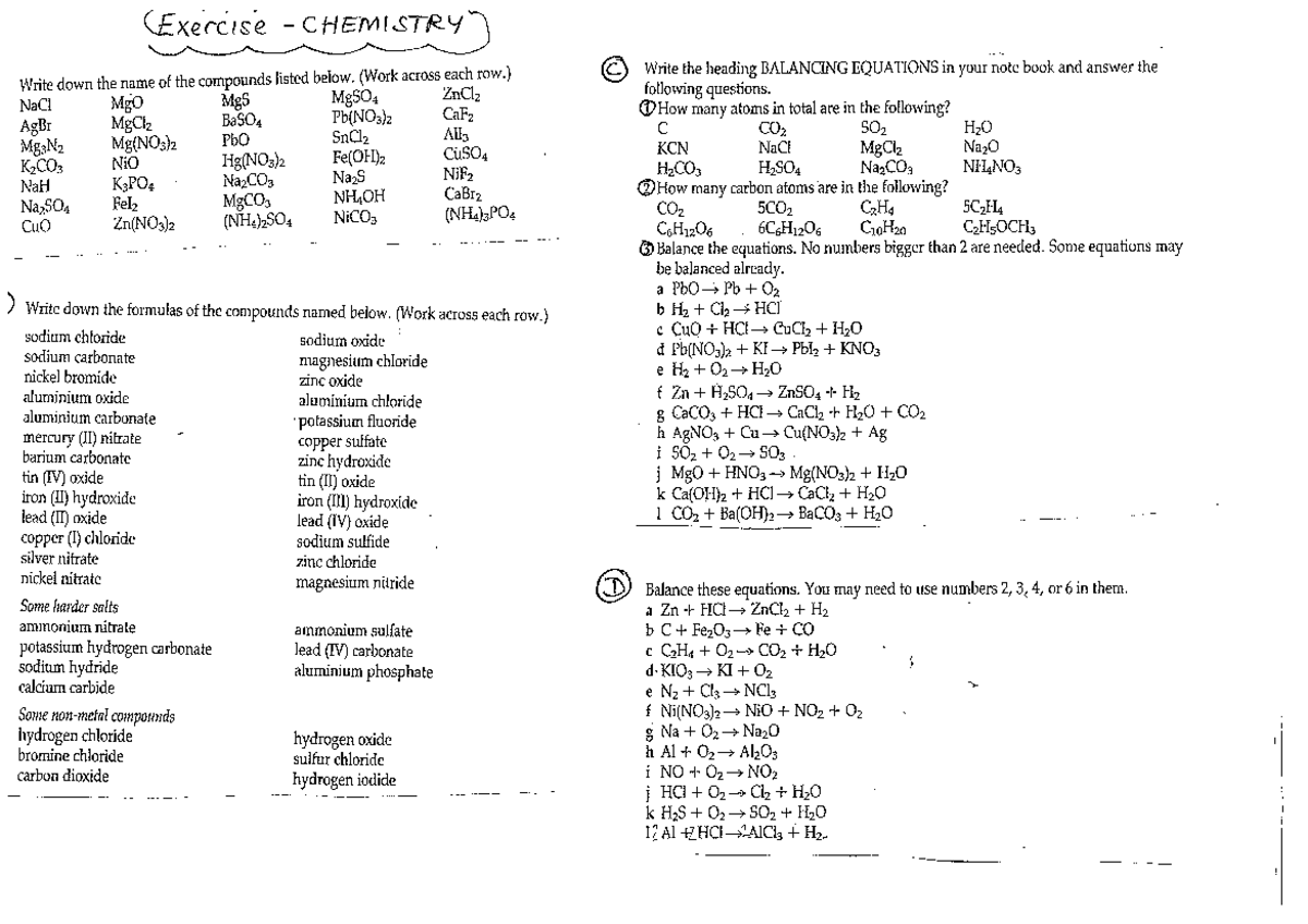 Yashna Rahman - CHEM 101 Balancing Chemical Equations Notes - Studocu