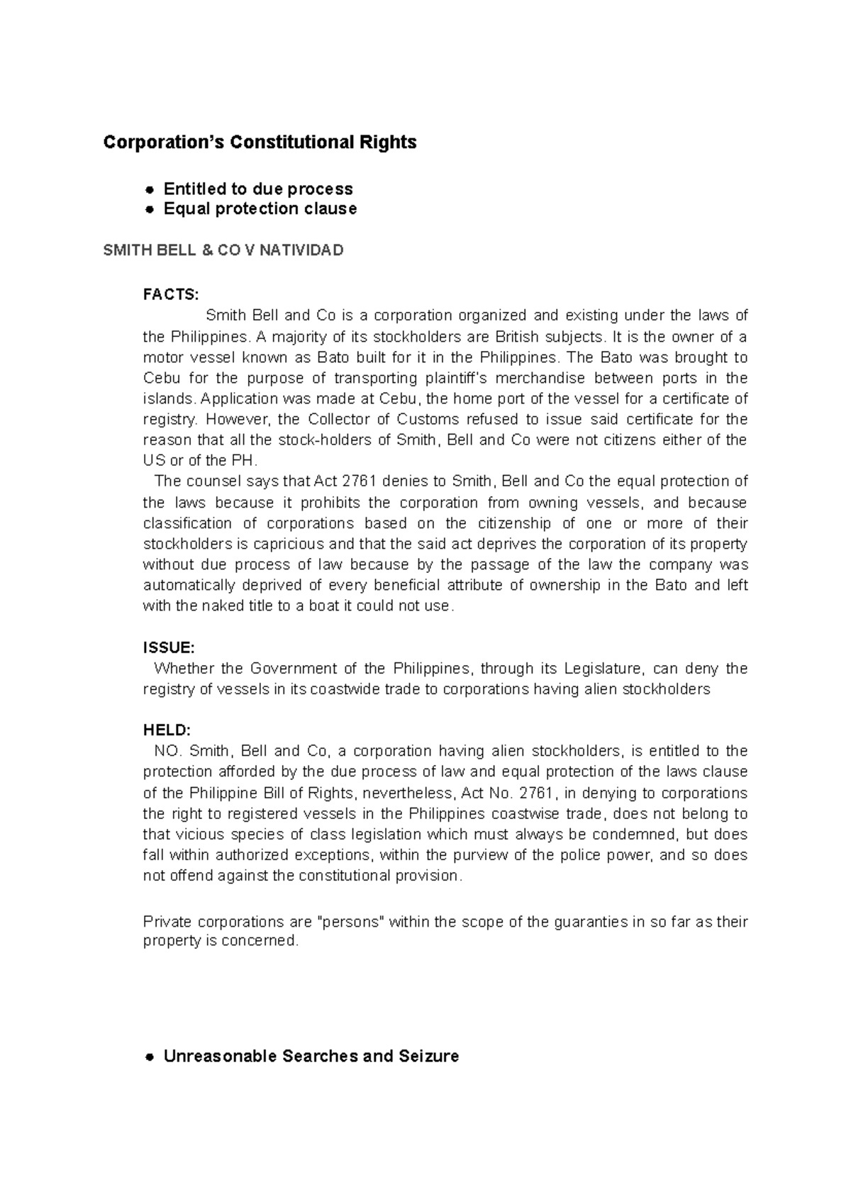 Corporation Law Case Digests: Key Cases and Constitutional Rights - Studocu