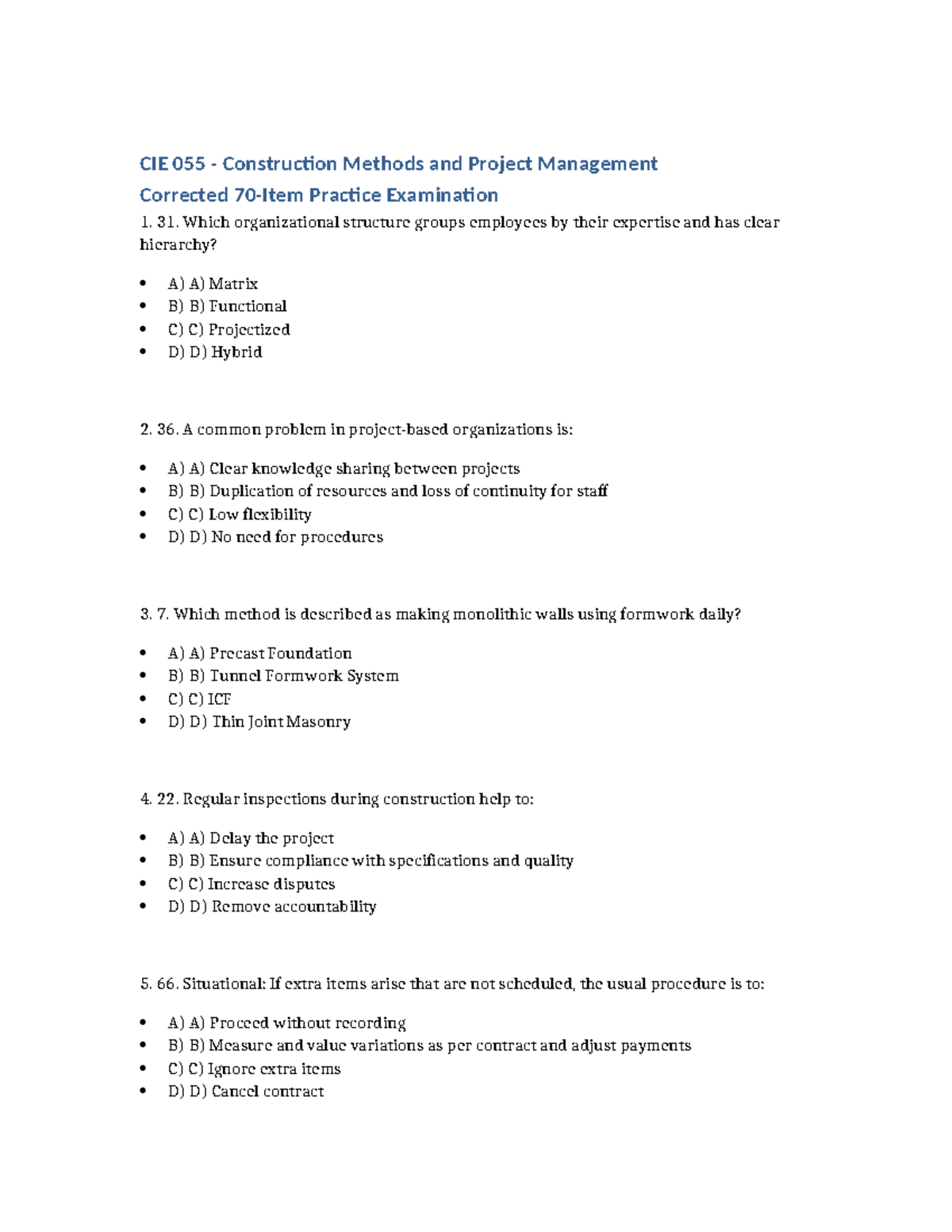 CIE 055 Construction Methods & Project Management Practice Exam 1 - Studocu